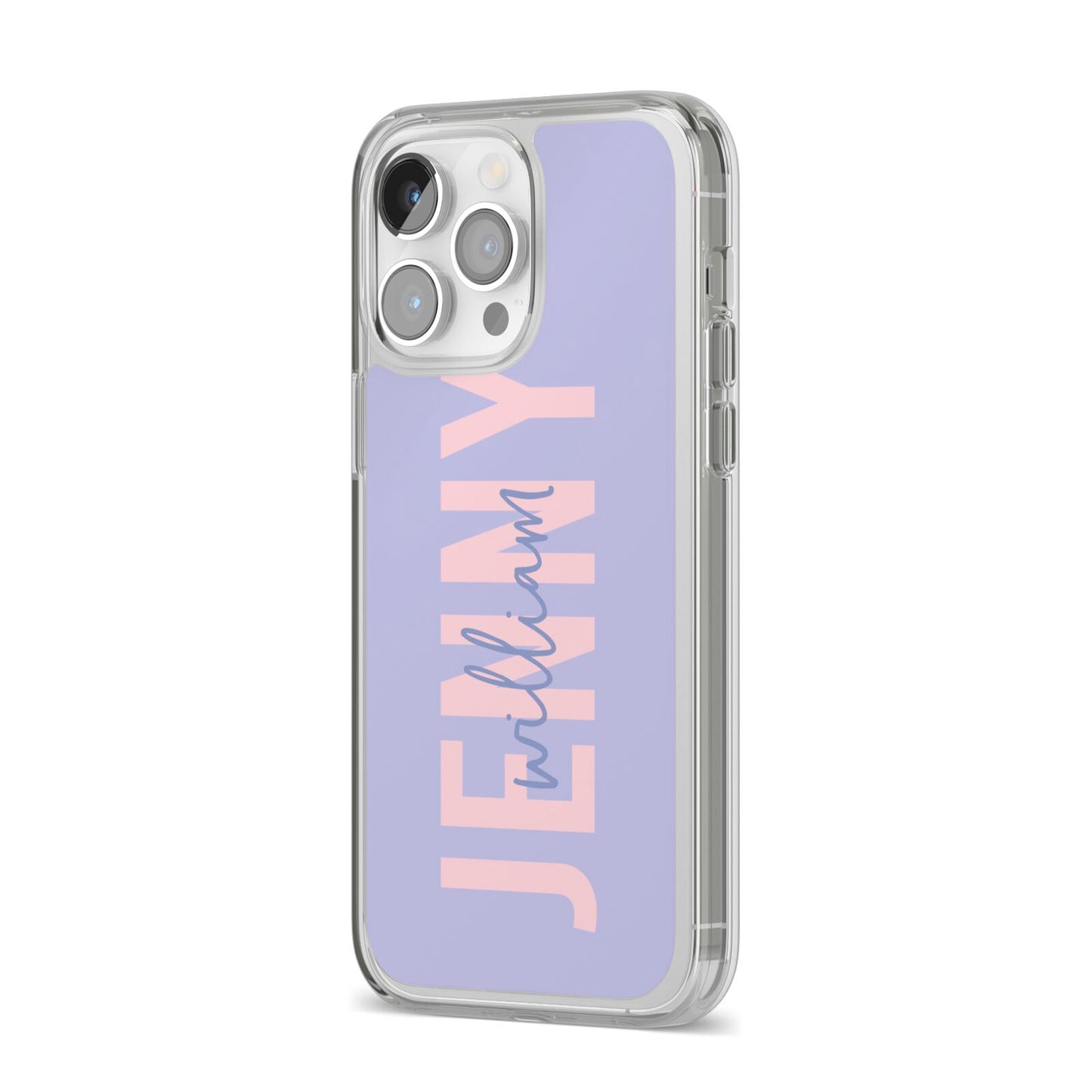 Pastel Pink and Purple Full Name iPhone 14 Pro Max Clear Tough Case Silver Angled Image