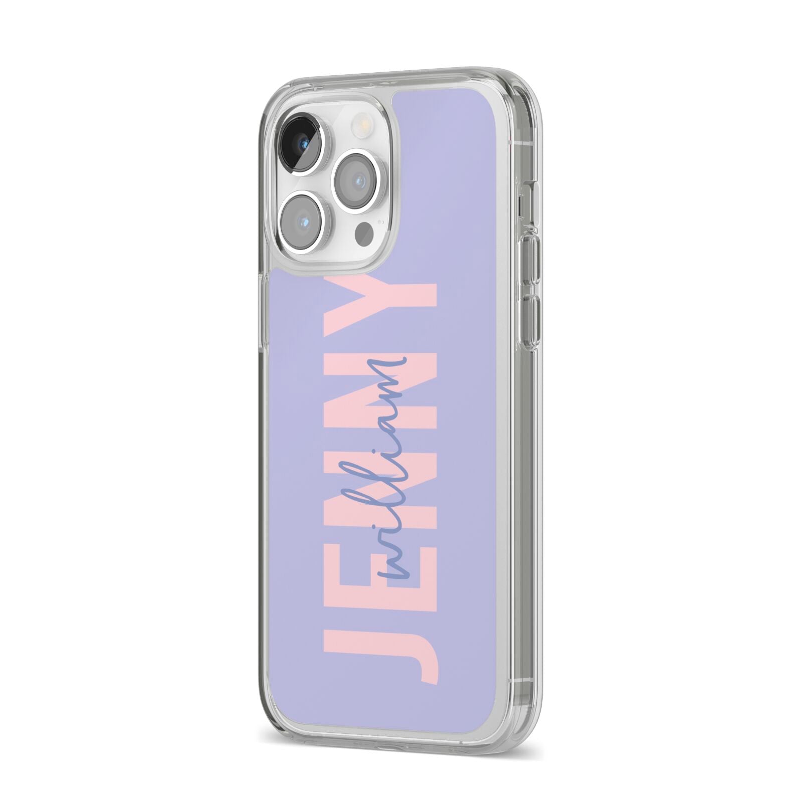 Pastel Pink and Purple Full Name iPhone 14 Pro Max Clear Tough Case Silver Angled Image