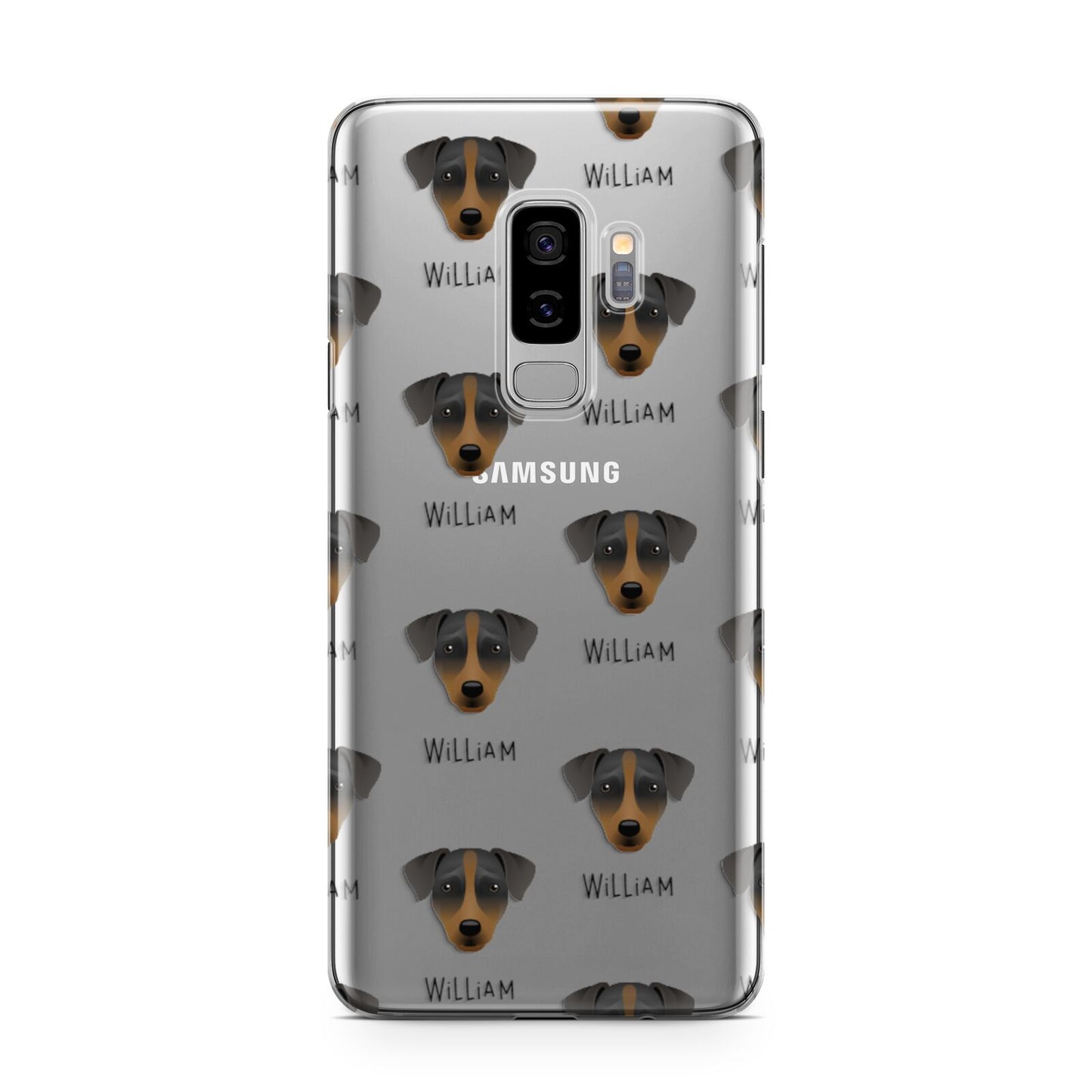 Patterdale Terrier Icon with Name Samsung Galaxy S9 Plus Case on Silver phone