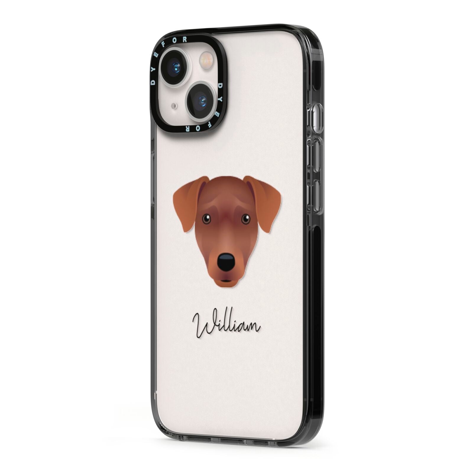 Patterdale Terrier Personalised iPhone 13 Black Impact Case Side Angle on Silver phone