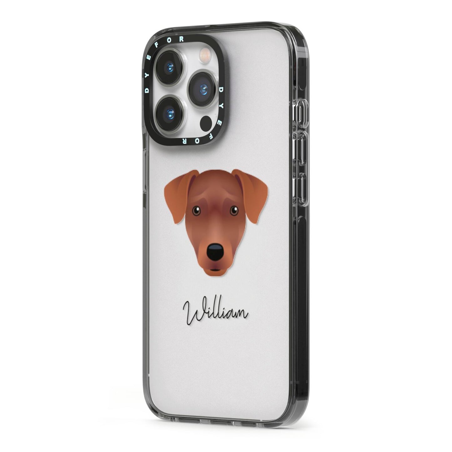 Patterdale Terrier Personalised iPhone 13 Pro Black Impact Case Side Angle on Silver phone