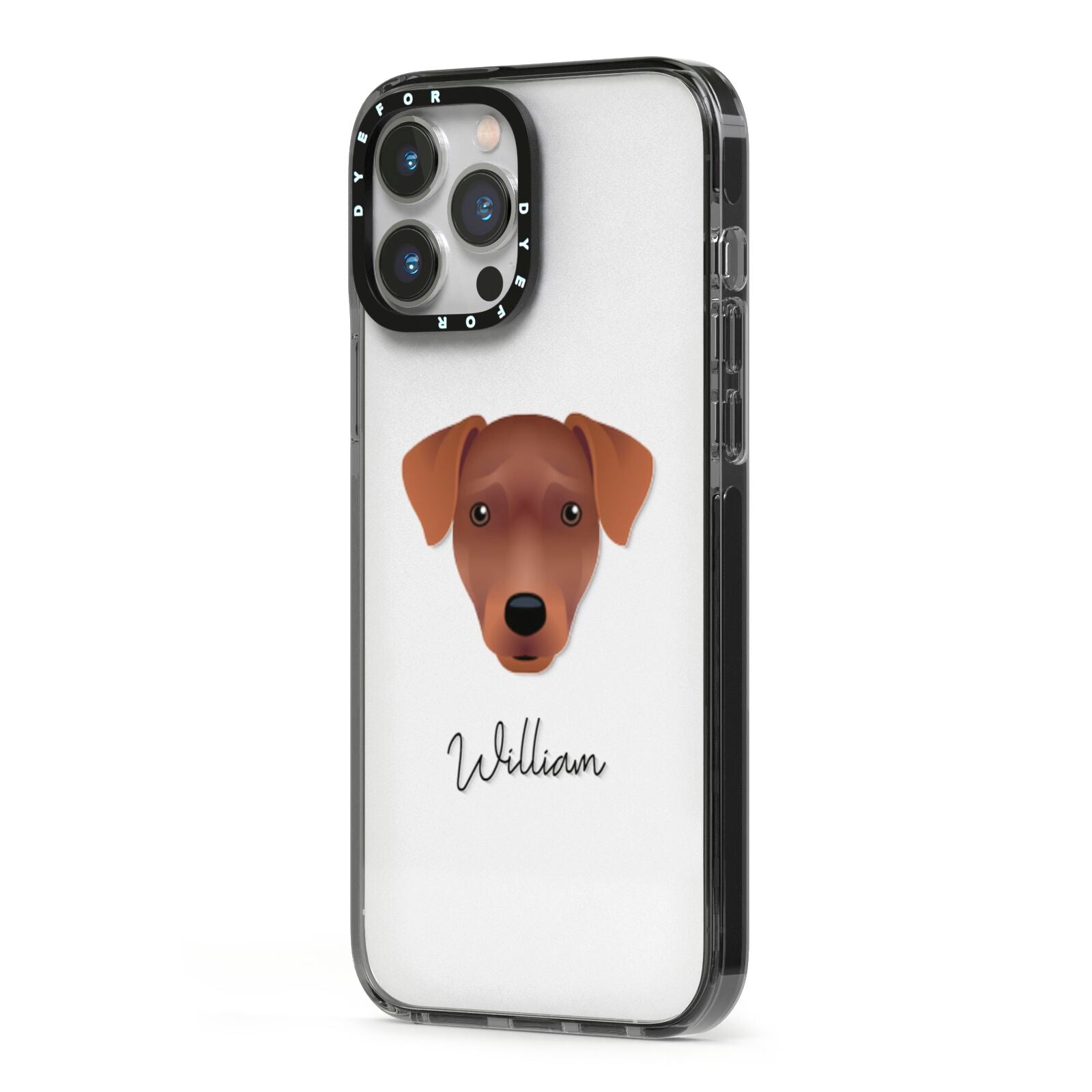 Patterdale Terrier Personalised iPhone 13 Pro Max Black Impact Case Side Angle on Silver phone