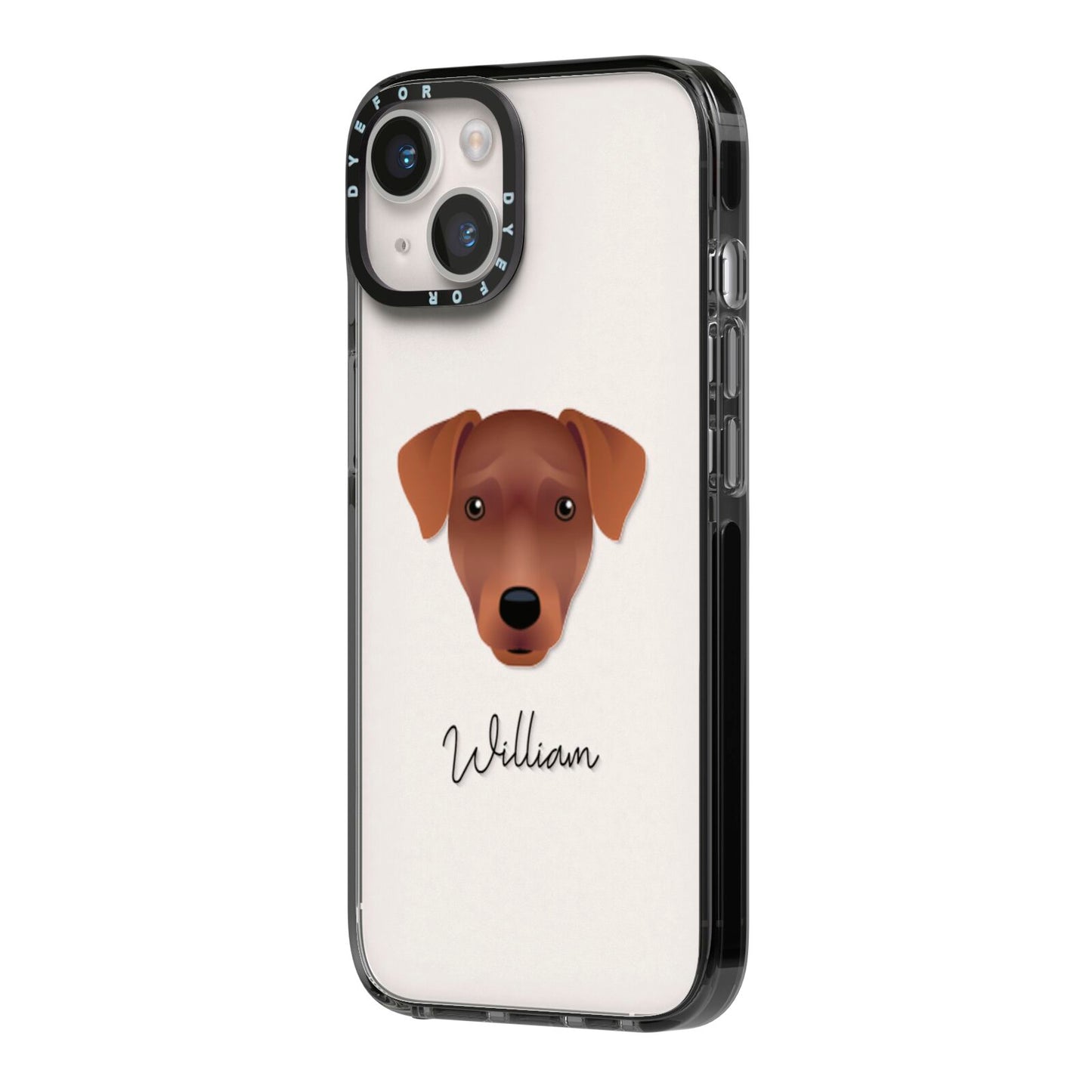 Patterdale Terrier Personalised iPhone 14 Black Impact Case Side Angle on Silver phone