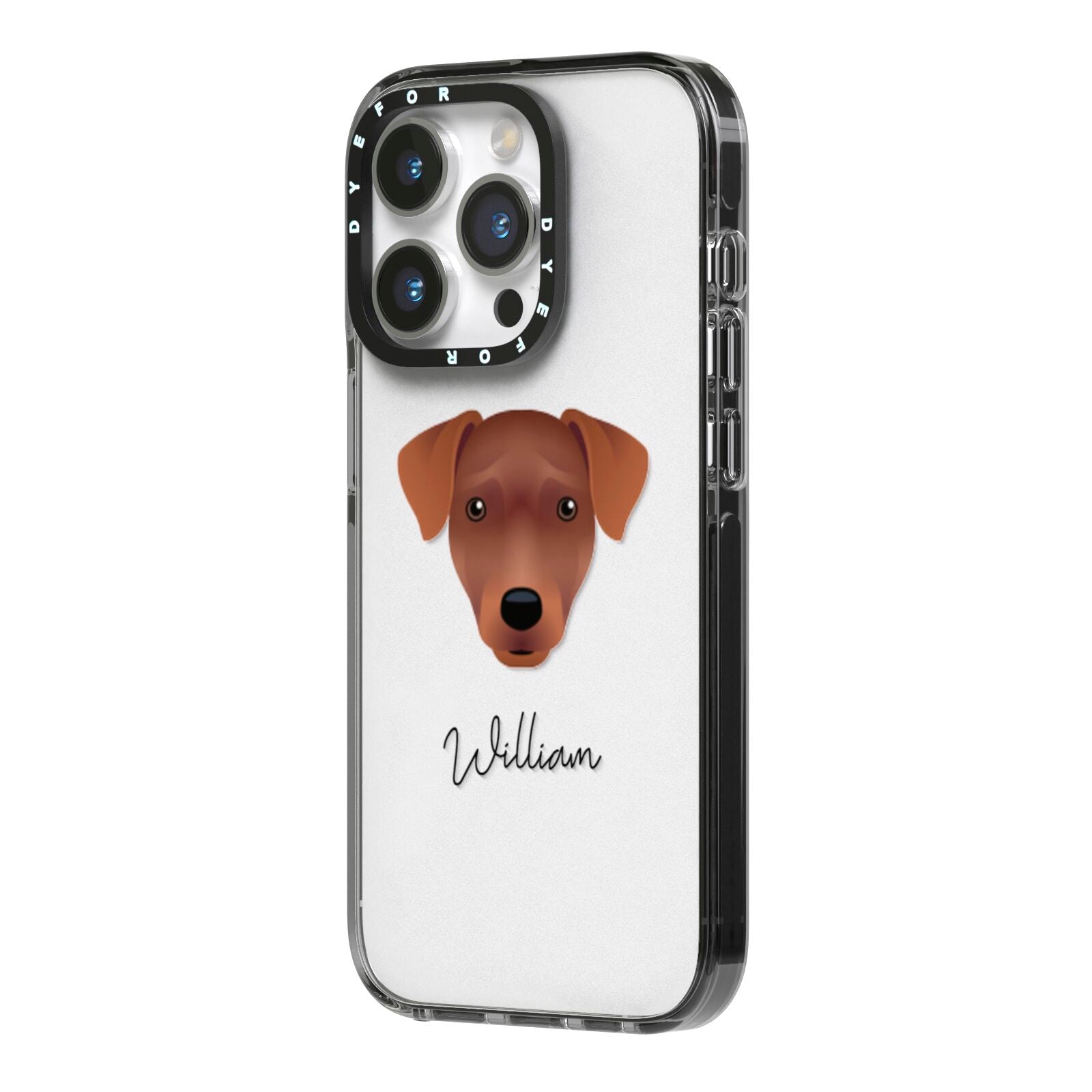 Patterdale Terrier Personalised iPhone 14 Pro Black Impact Case Side Angle on Silver phone