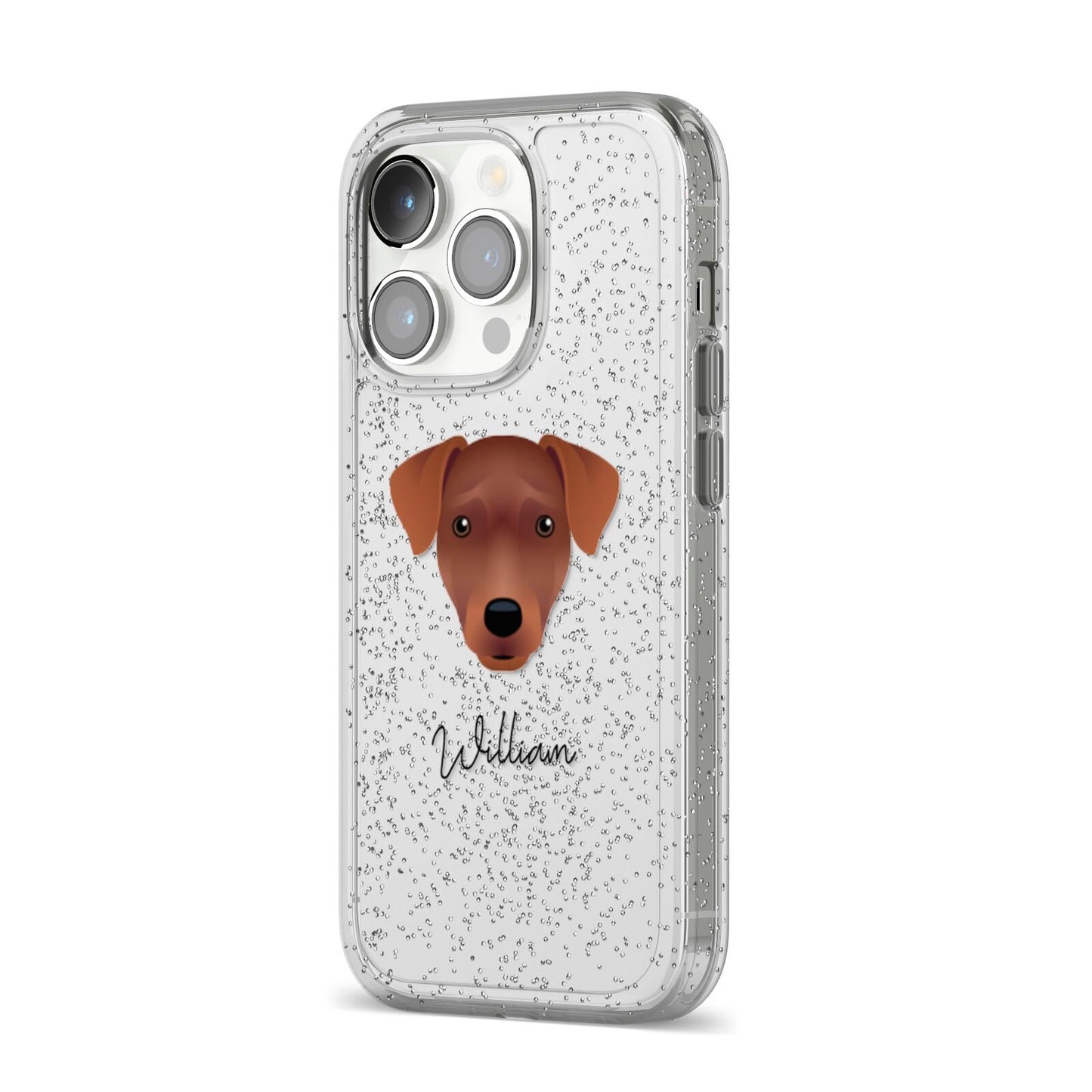 Patterdale Terrier Personalised iPhone 14 Pro Glitter Tough Case Silver Angled Image