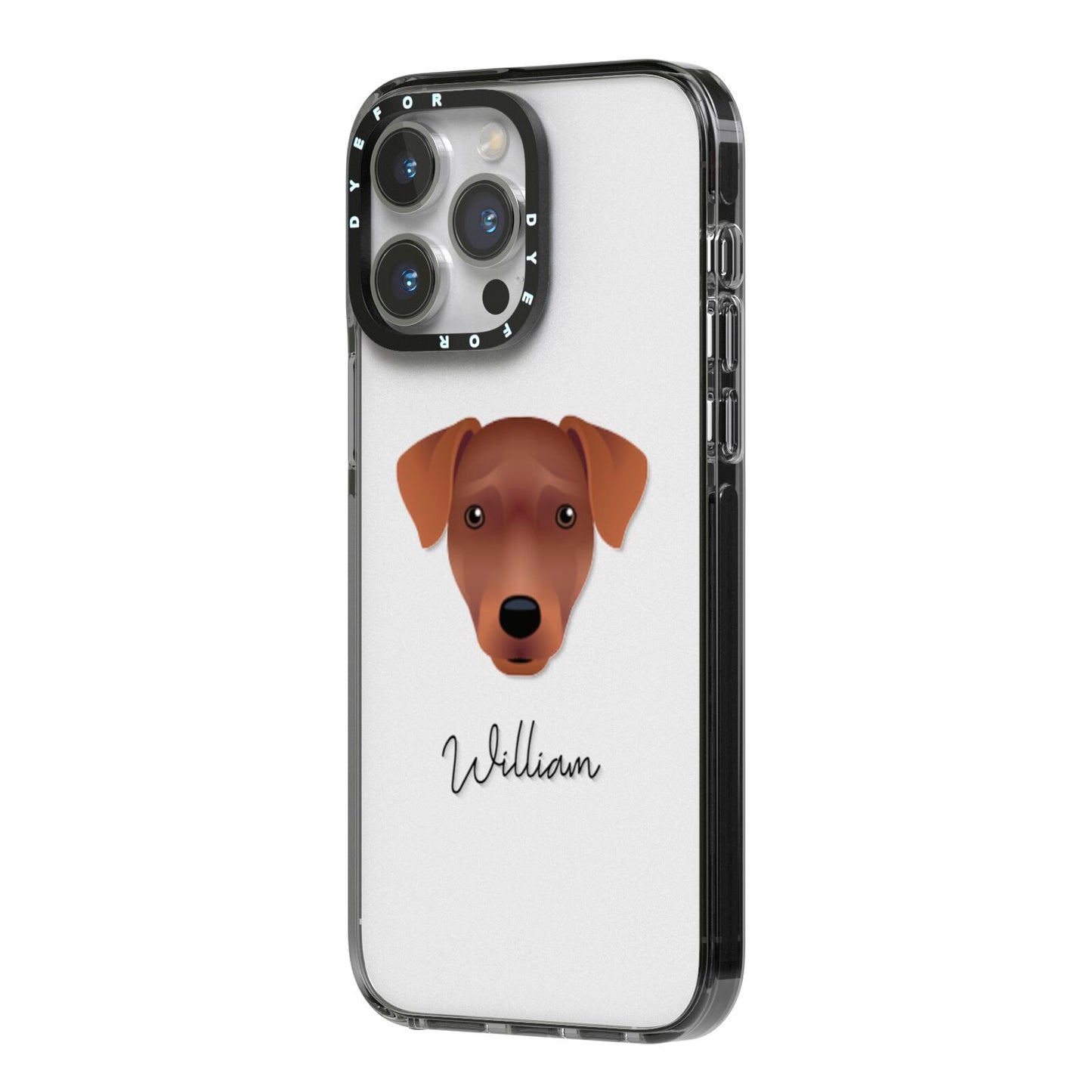 Patterdale Terrier Personalised iPhone 14 Pro Max Black Impact Case Side Angle on Silver phone