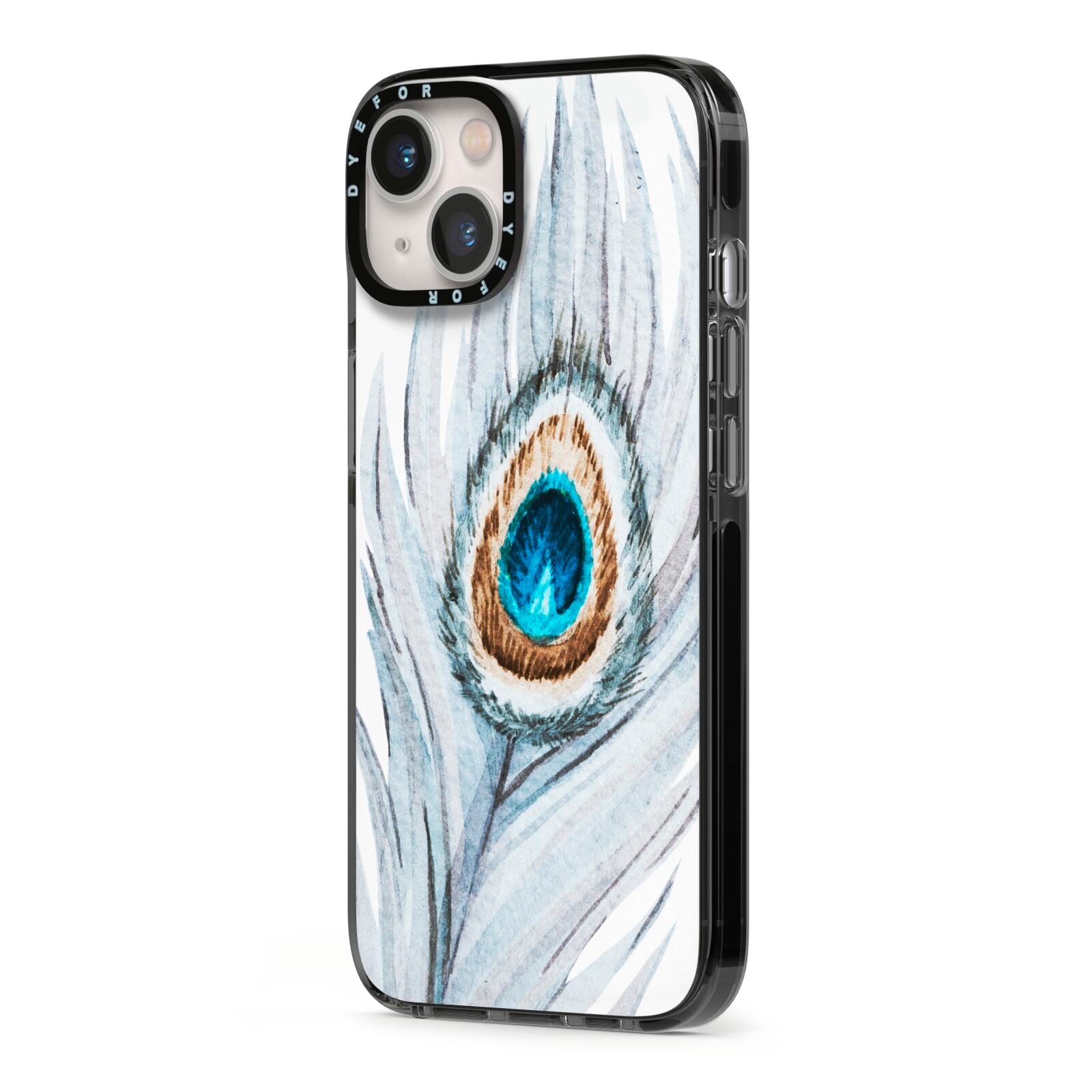 Peacock iPhone 13 Black Impact Case Side Angle on Silver phone