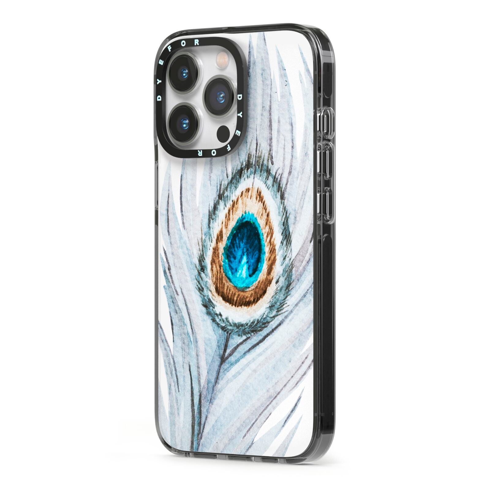 Peacock iPhone 13 Pro Black Impact Case Side Angle on Silver phone