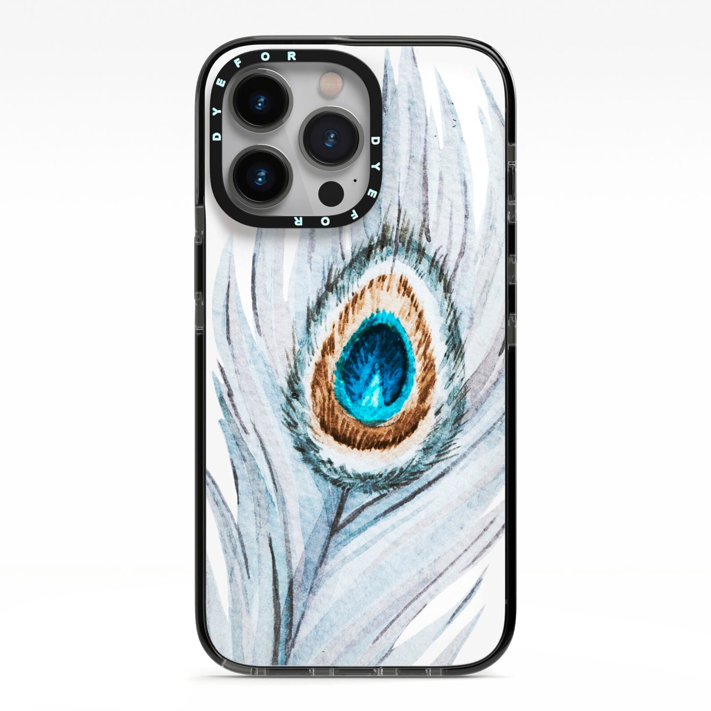 Peacock iPhone 13 Pro Black Impact Case on Silver phone