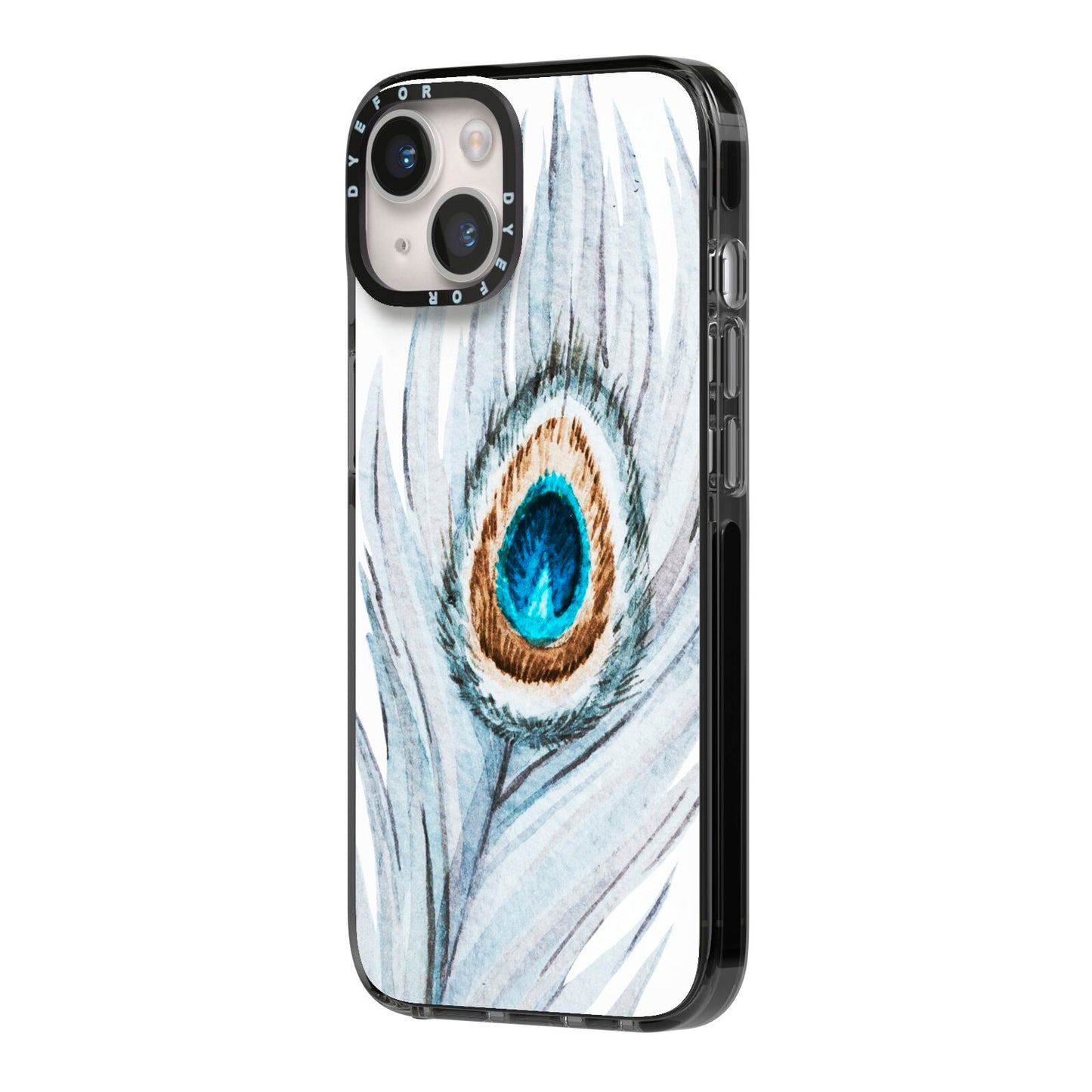 Peacock iPhone 14 Black Impact Case Side Angle on Silver phone