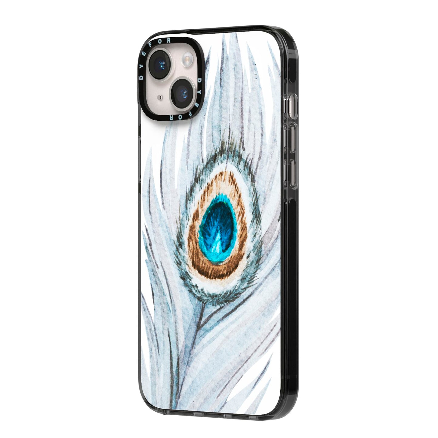 Peacock iPhone 14 Plus Black Impact Case Side Angle on Silver phone