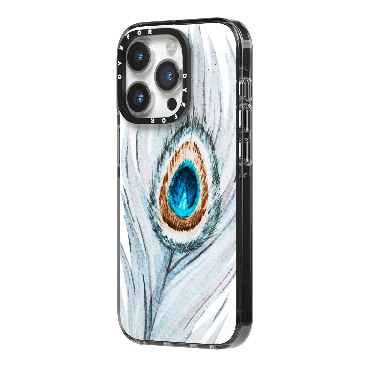 Peacock iPhone 14 Pro Black Impact Case Side Angle on Silver phone