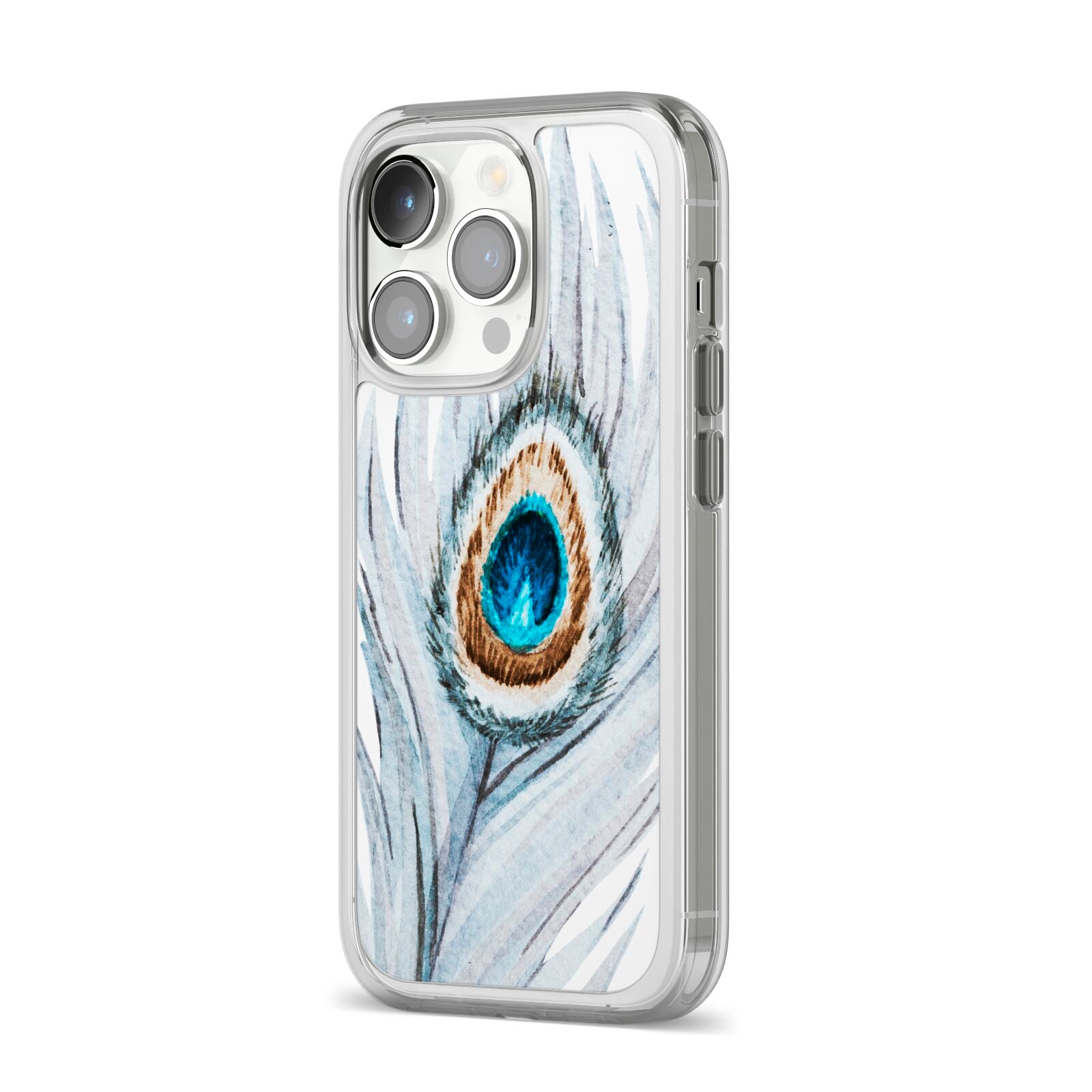 Peacock iPhone 14 Pro Clear Tough Case Silver Angled Image