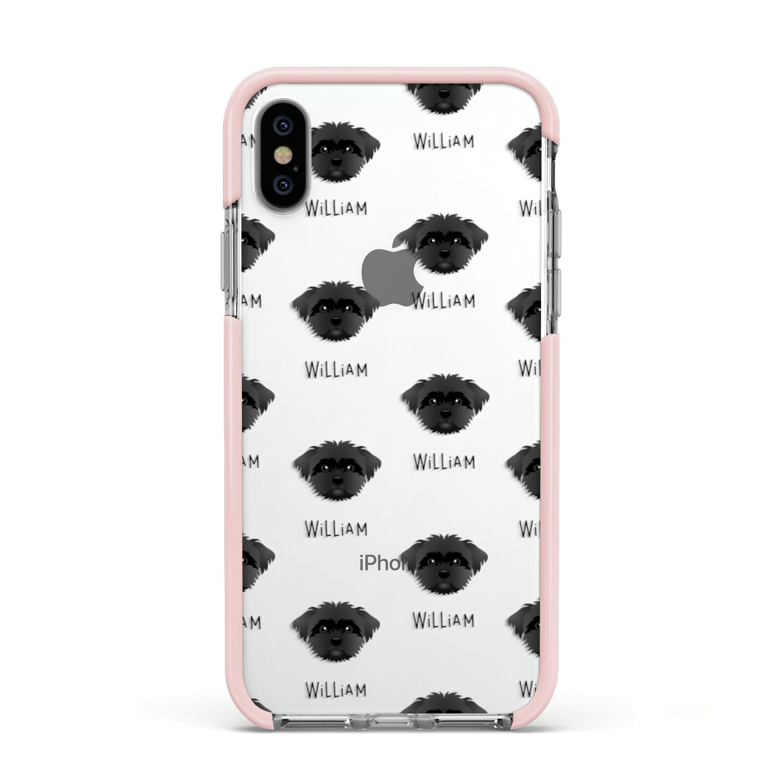 Peek a poo Icon with Name Apple iPhone Xs Impact Case Pink Edge on Silver Phone