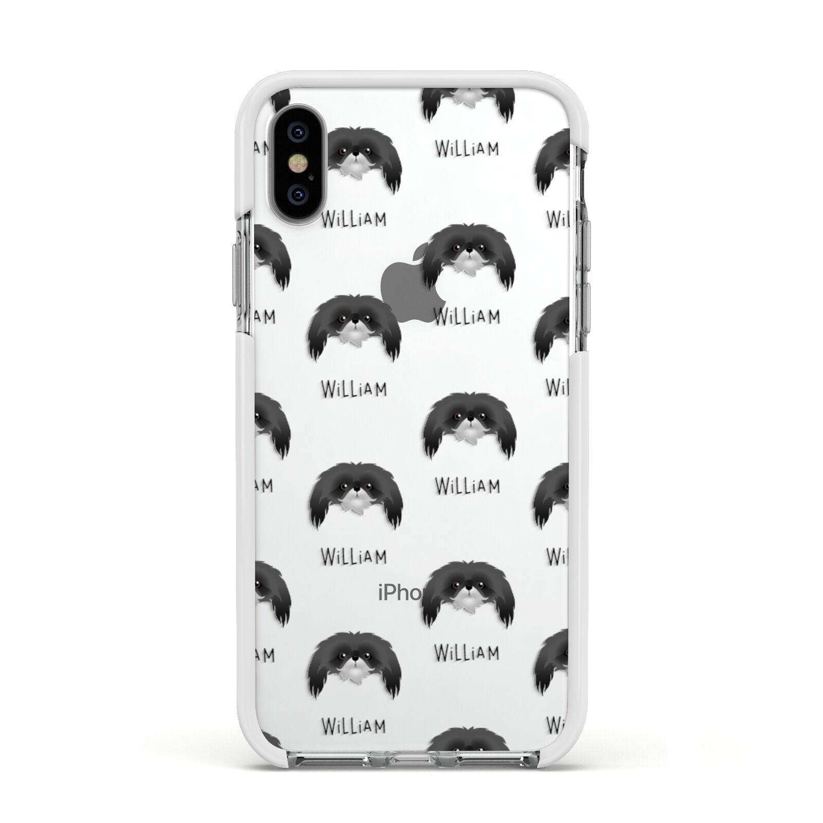 Pekingese Icon with Name Apple iPhone Xs Impact Case White Edge on Silver Phone