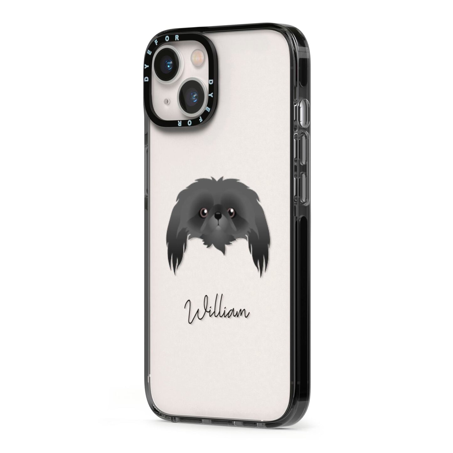 Pekingese Personalised iPhone 13 Black Impact Case Side Angle on Silver phone