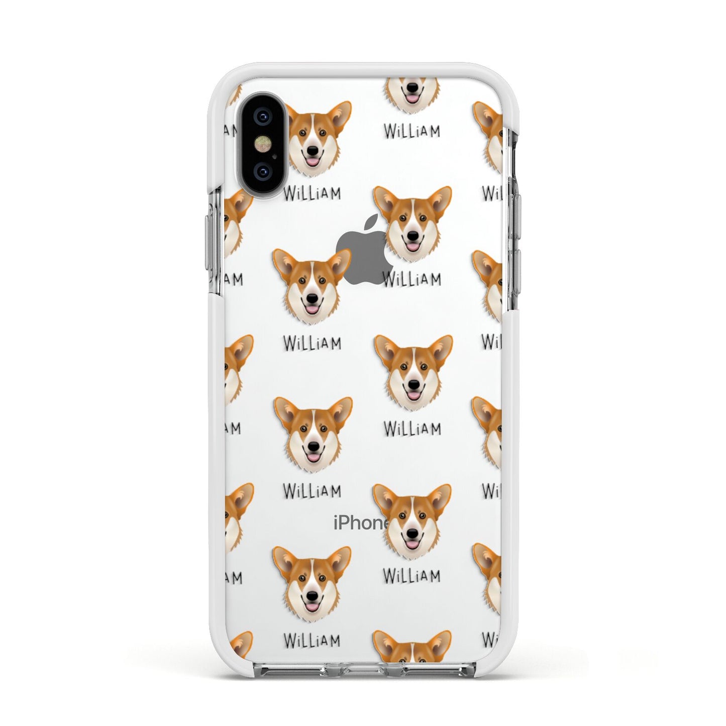 Pembroke Welsh Corgi Icon with Name Apple iPhone Xs Impact Case White Edge on Silver Phone