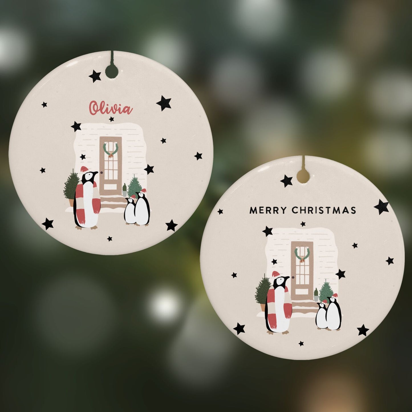 Penguin Christmas Personalised Round Decoration on Christmas Background