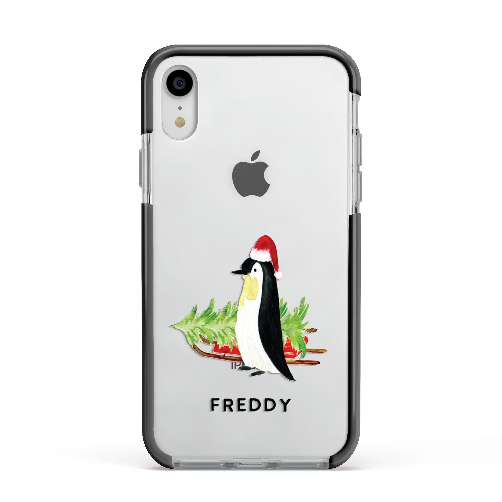 Penguin Personalised Apple iPhone XR Impact Case Black Edge on Silver Phone
