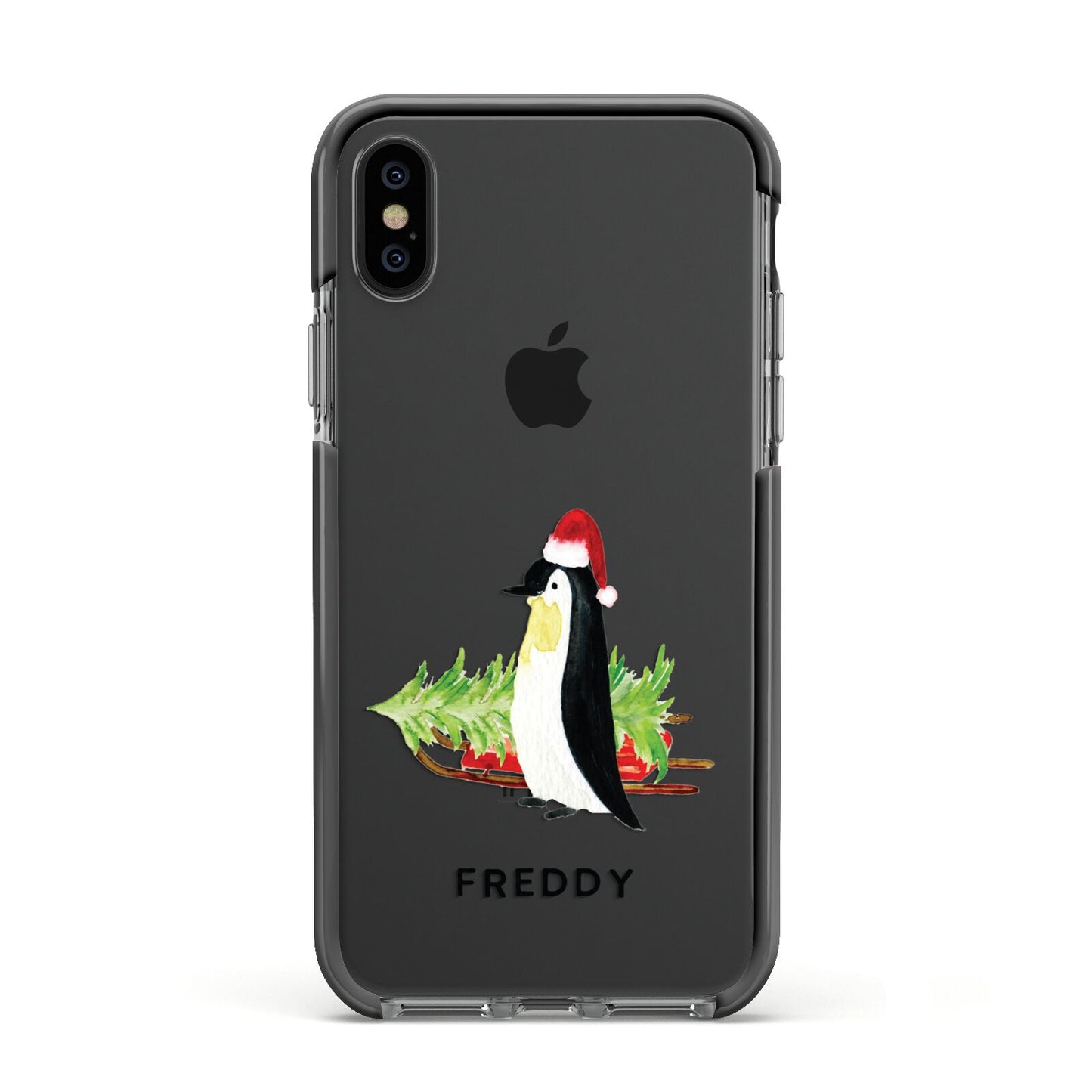 Penguin Personalised Apple iPhone Xs Impact Case Black Edge on Black Phone