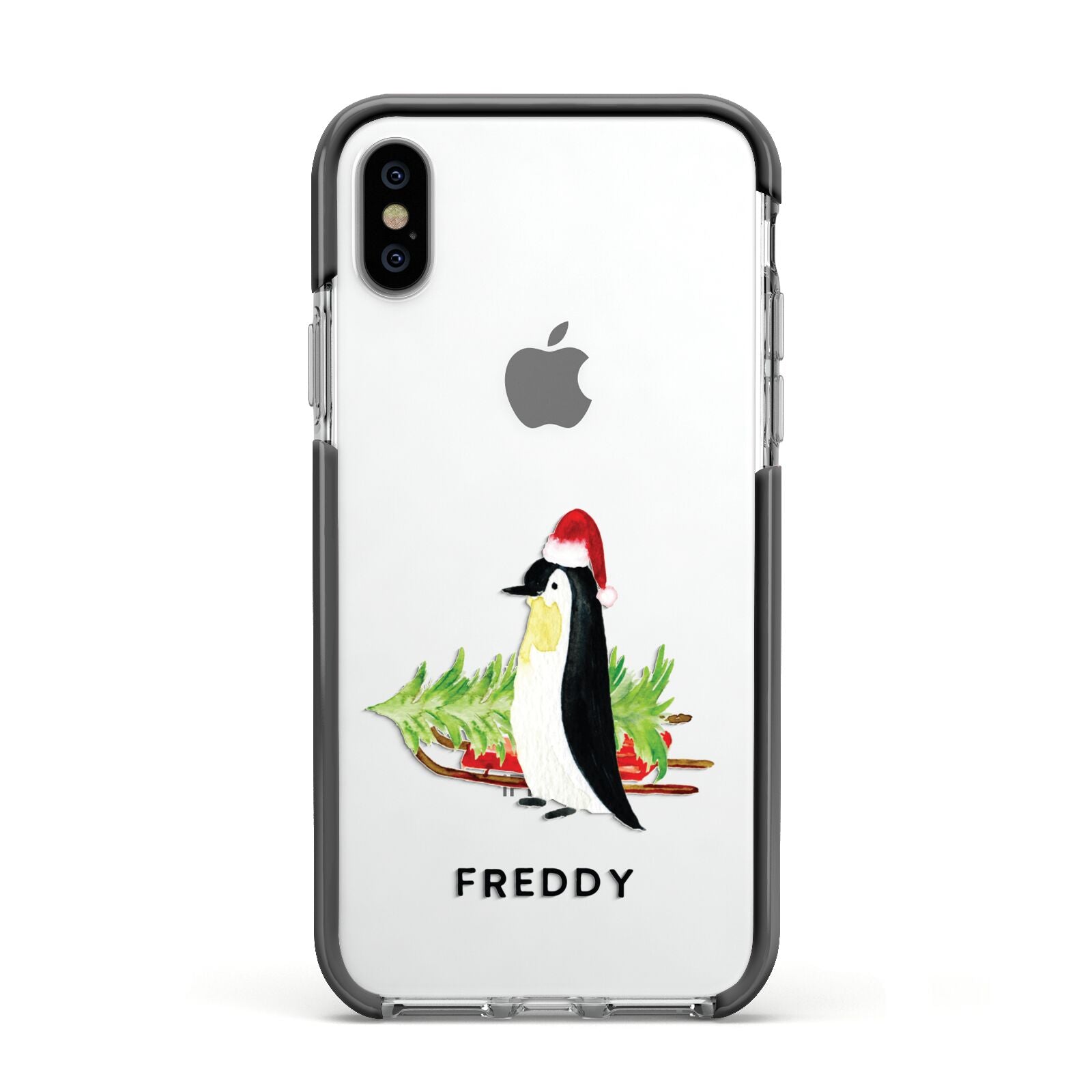 Penguin Personalised Apple iPhone Xs Impact Case Black Edge on Silver Phone