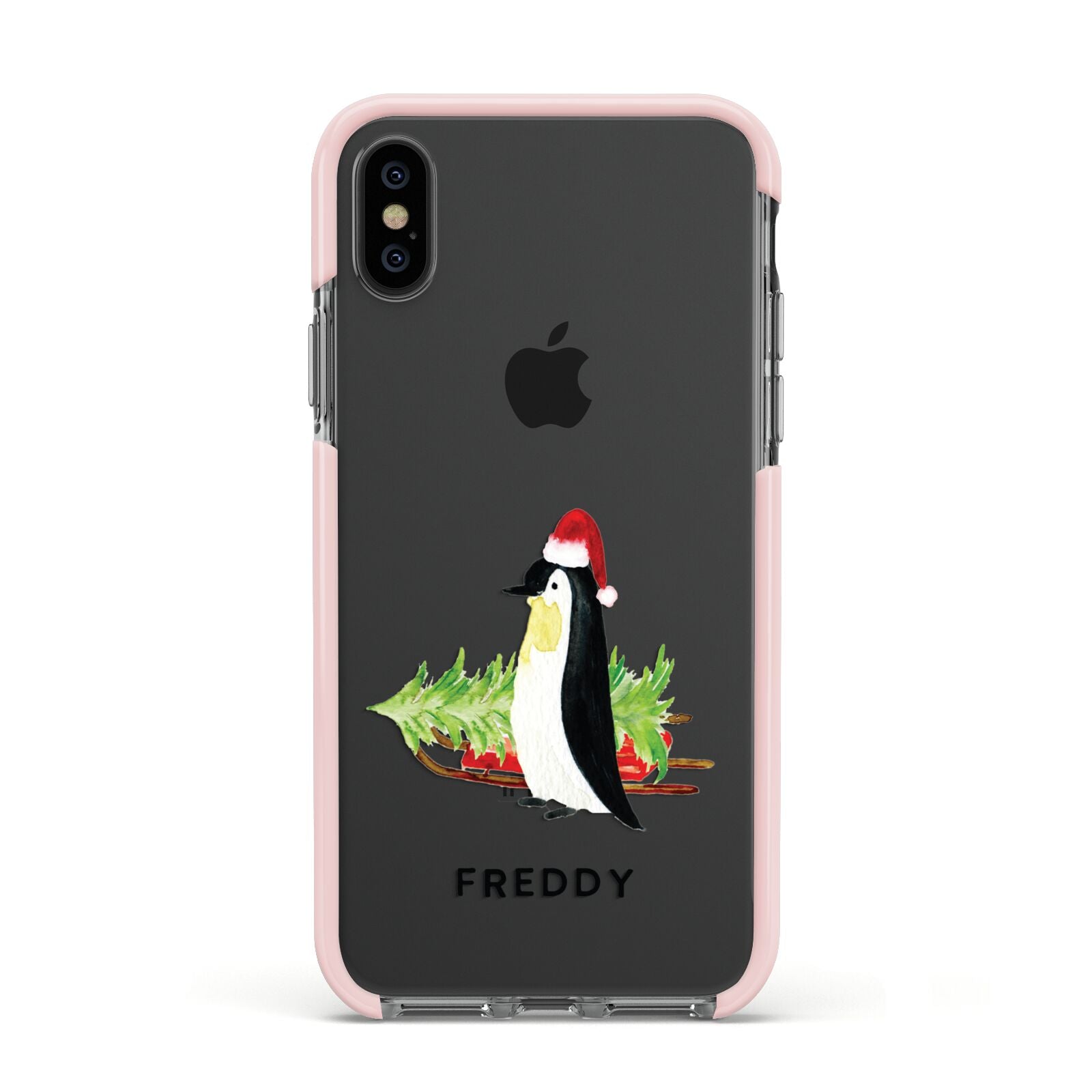 Penguin Personalised Apple iPhone Xs Impact Case Pink Edge on Black Phone