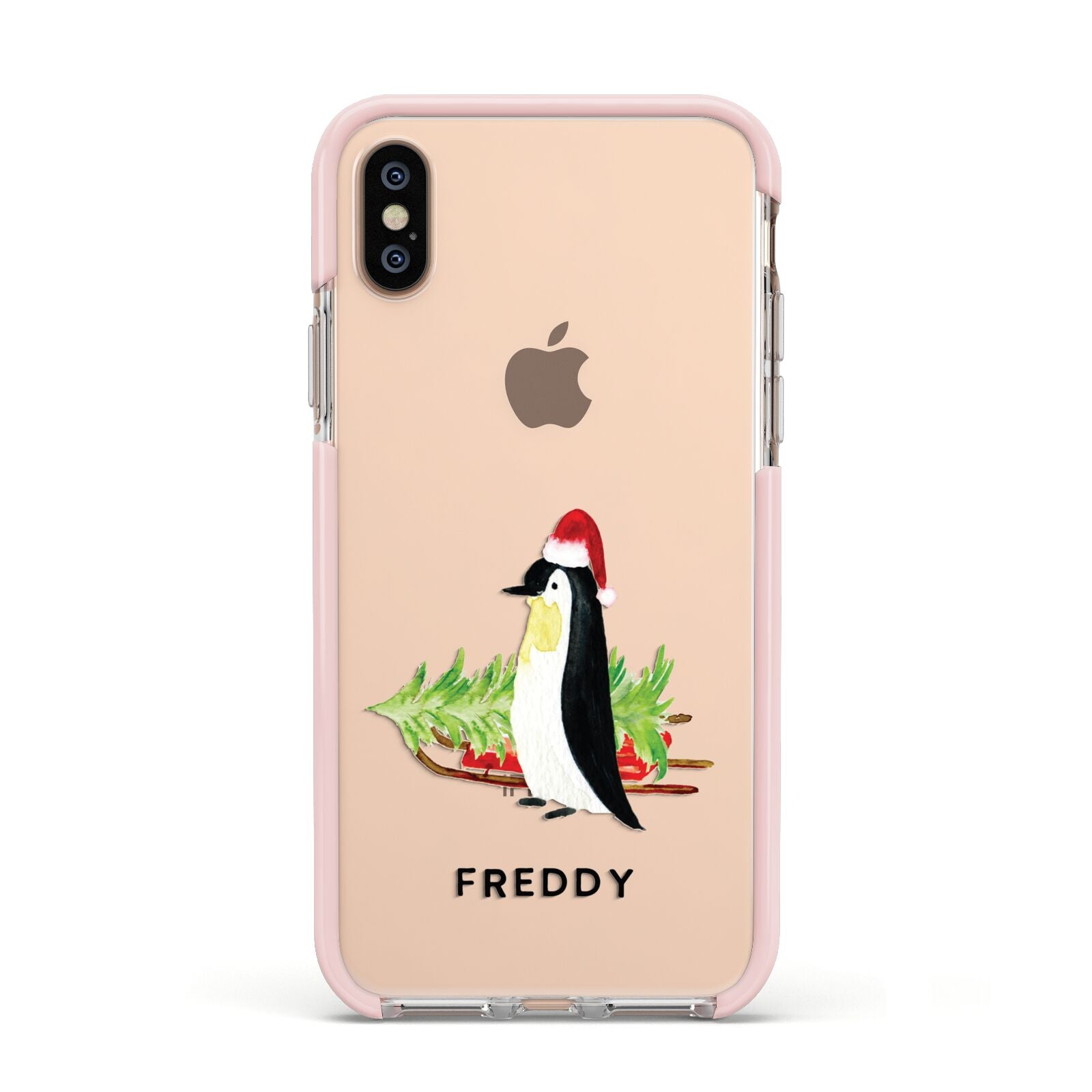 Penguin Personalised Apple iPhone Xs Impact Case Pink Edge on Gold Phone