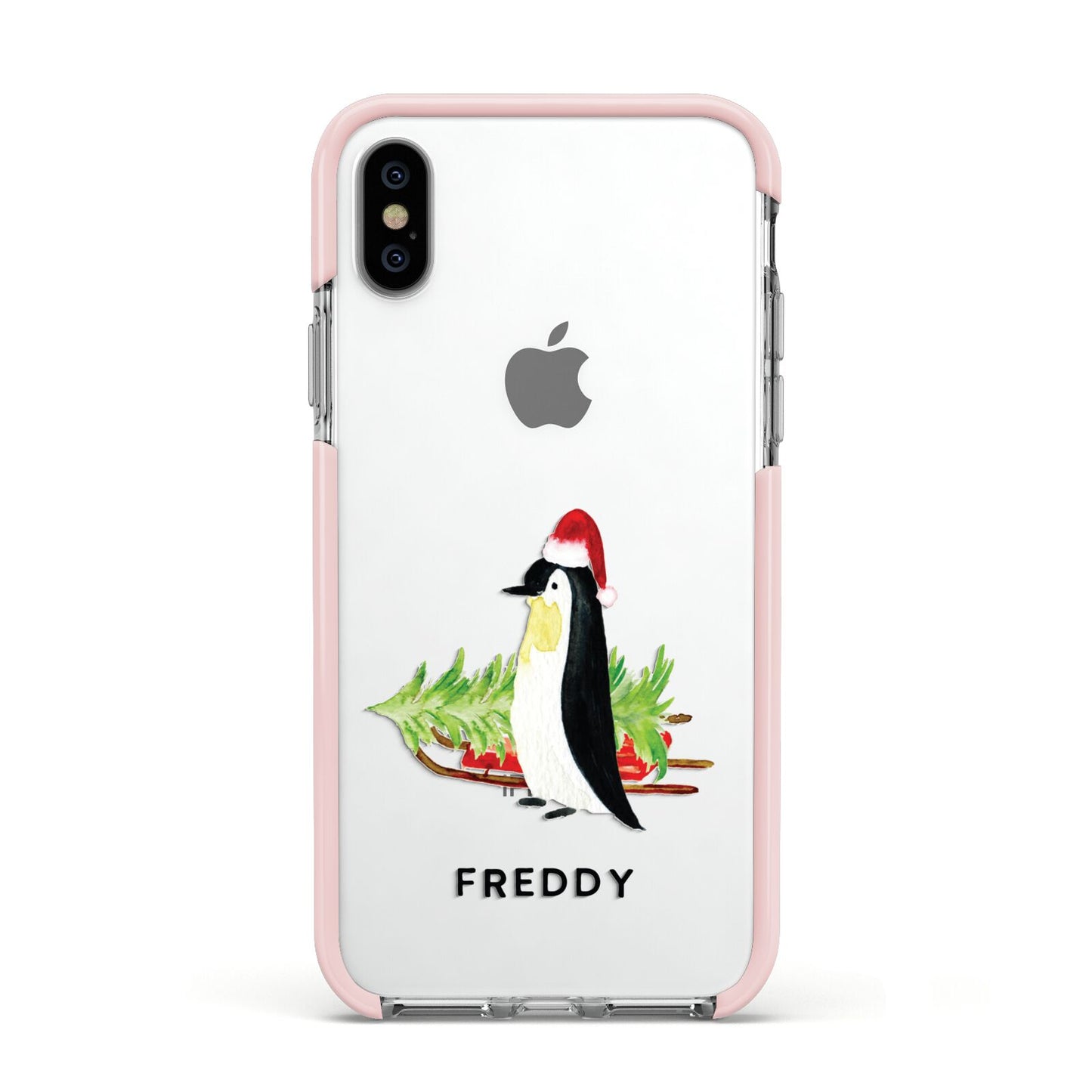 Penguin Personalised Apple iPhone Xs Impact Case Pink Edge on Silver Phone