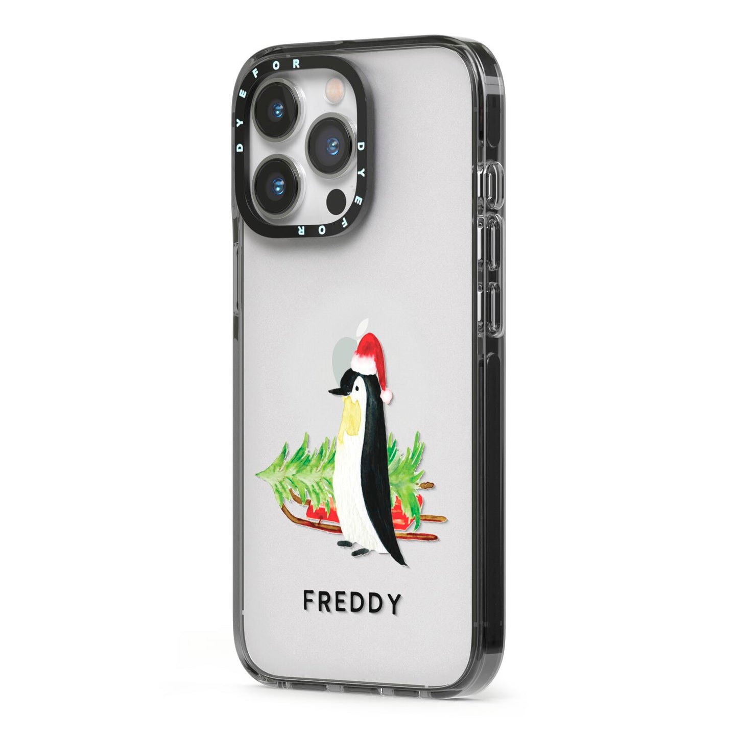 Penguin Personalised iPhone 13 Pro Black Impact Case Side Angle on Silver phone