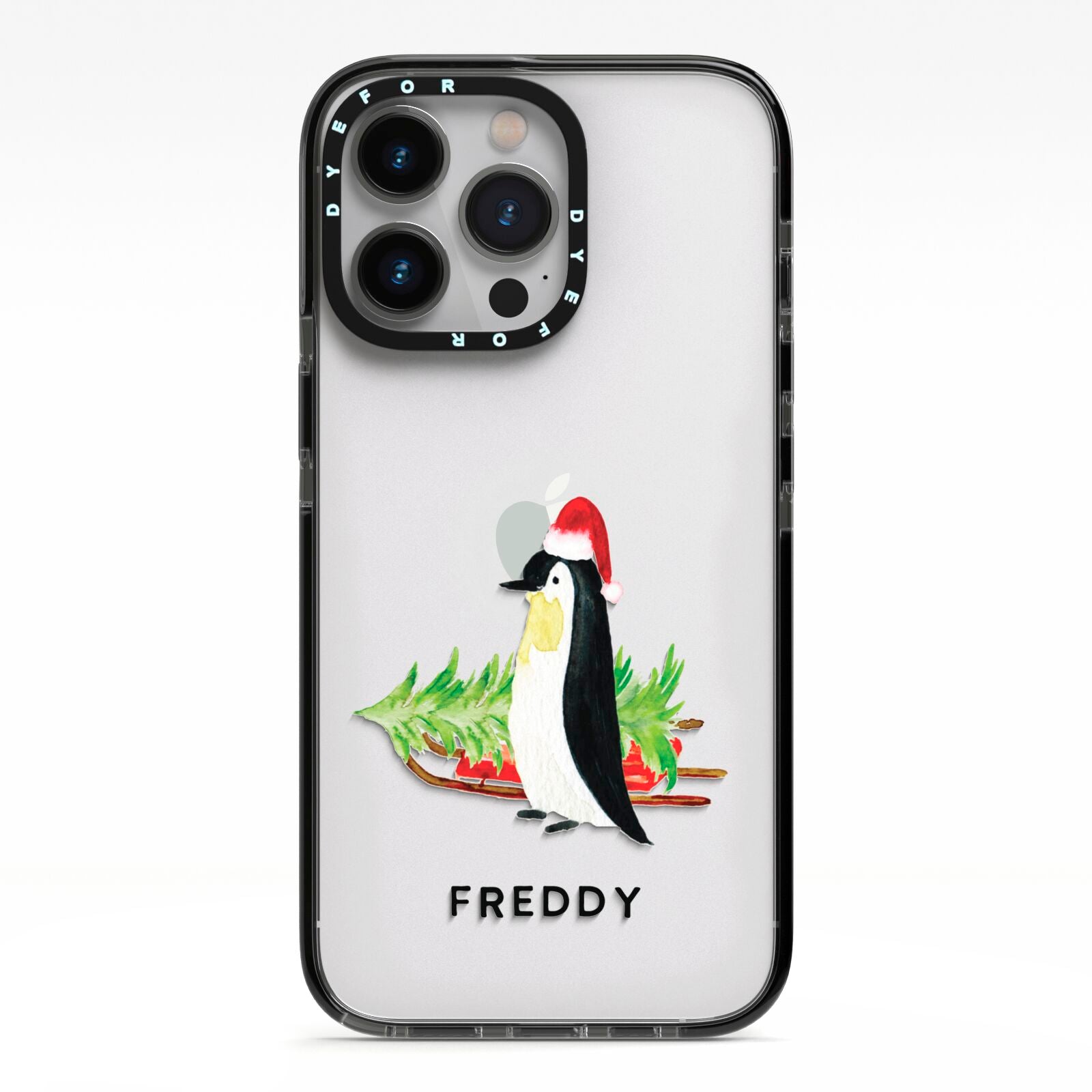 Penguin Personalised iPhone 13 Pro Black Impact Case on Silver phone
