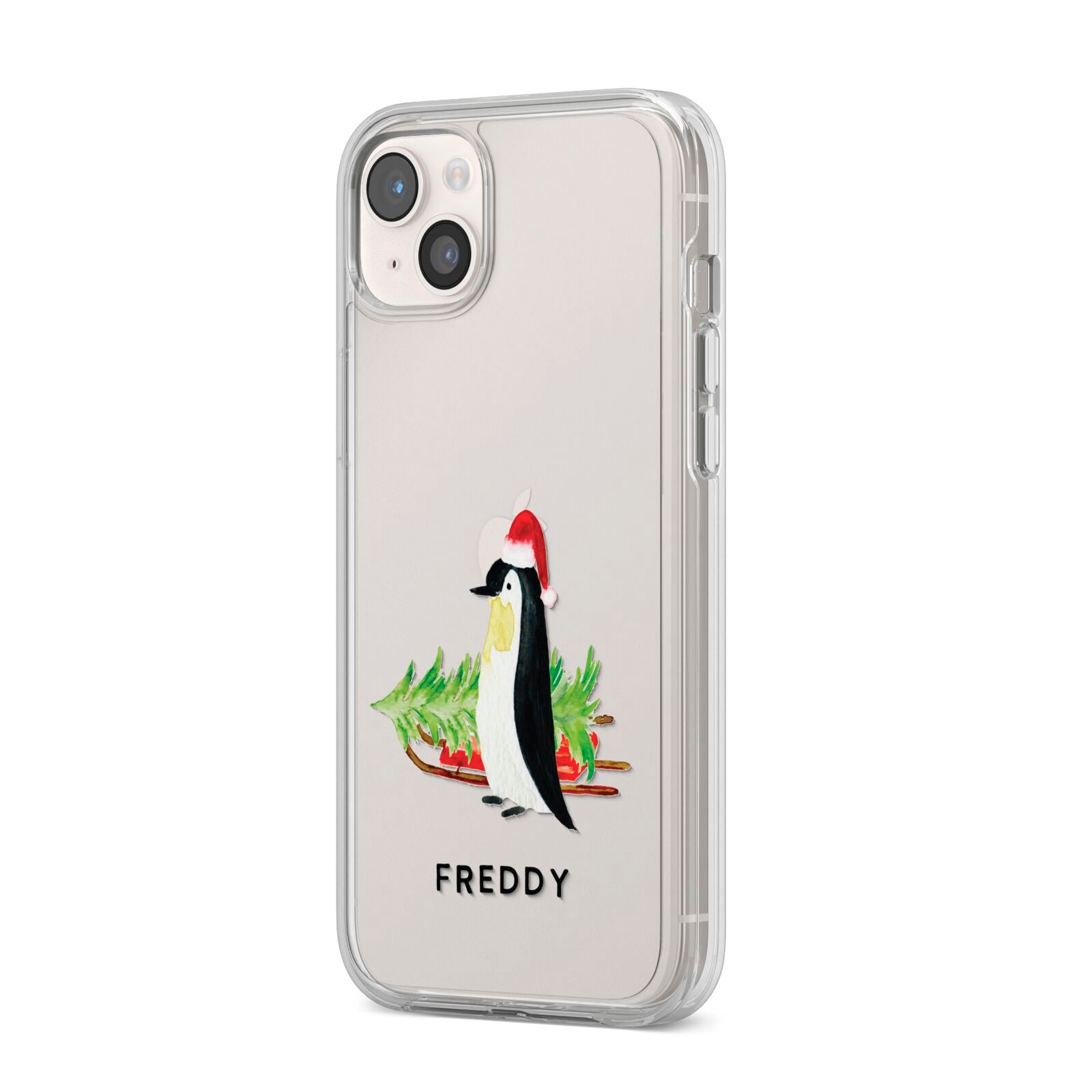 Penguin Personalised iPhone 14 Plus Clear Tough Case Starlight Angled Image
