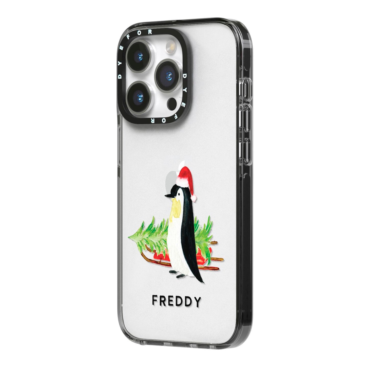 Penguin Personalised iPhone 14 Pro Black Impact Case Side Angle on Silver phone