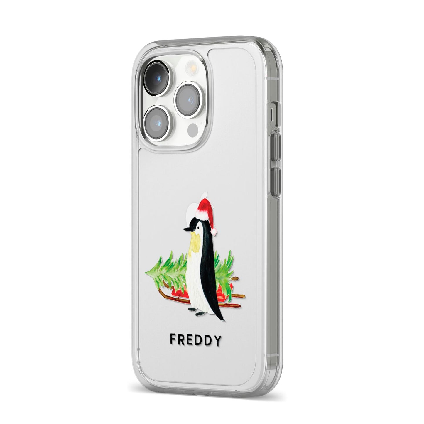 Penguin Personalised iPhone 14 Pro Clear Tough Case Silver Angled Image