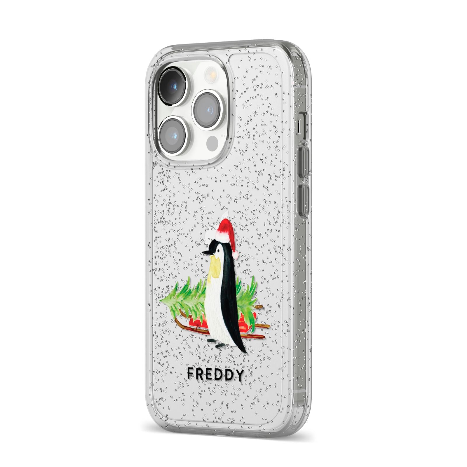 Penguin Personalised iPhone 14 Pro Glitter Tough Case Silver Angled Image