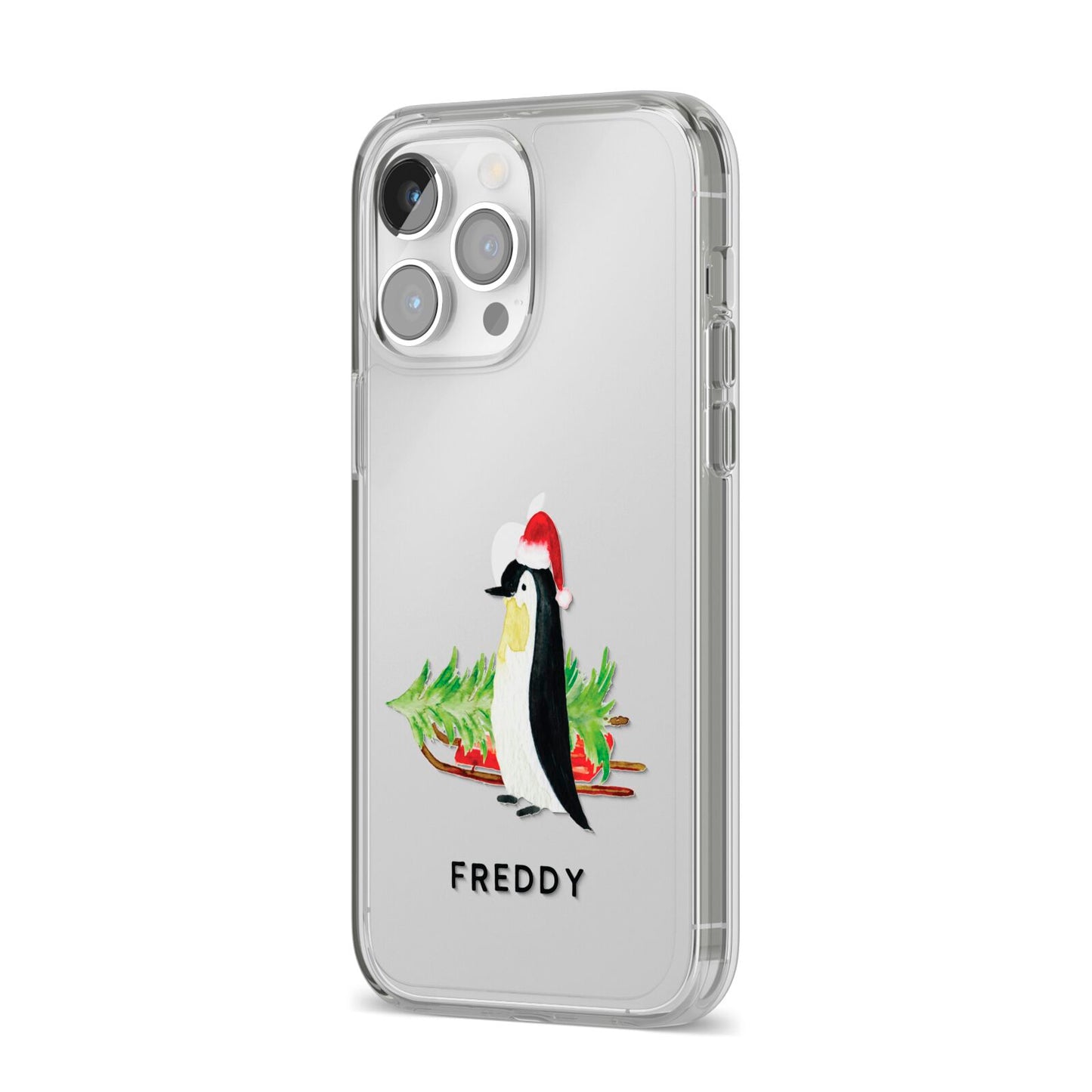 Penguin Personalised iPhone 14 Pro Max Clear Tough Case Silver Angled Image
