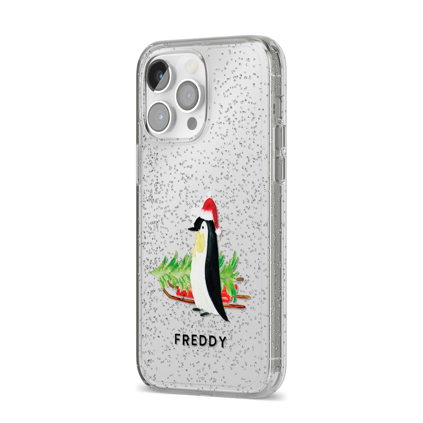 Penguin Personalised iPhone 14 Pro Max Glitter Tough Case Silver Angled Image