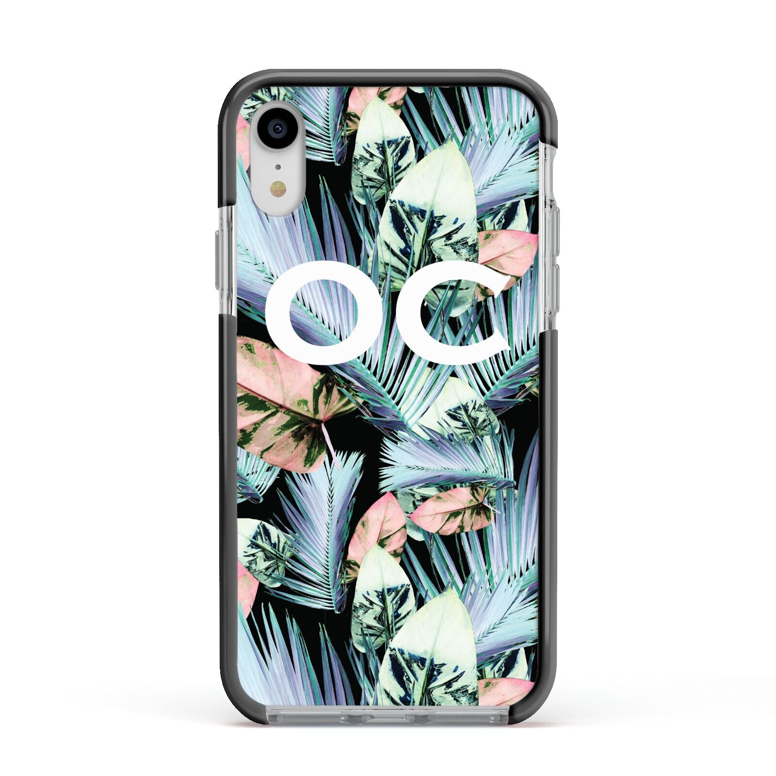 Personalised Abstract Tropical Leaves Apple iPhone XR Impact Case Black Edge on Silver Phone