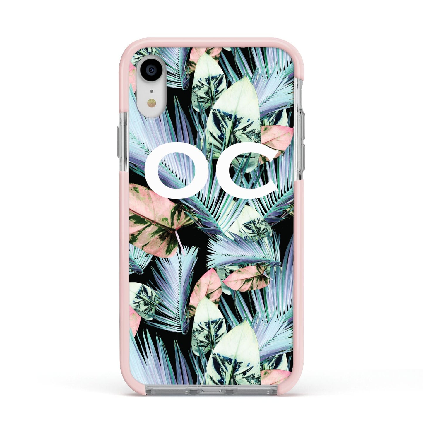 Personalised Abstract Tropical Leaves Apple iPhone XR Impact Case Pink Edge on Silver Phone