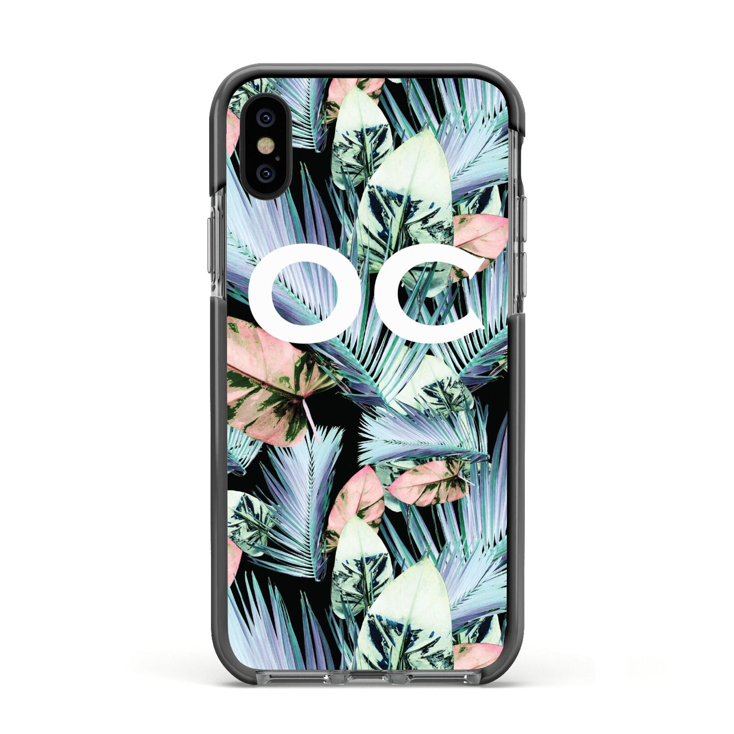 Personalised Abstract Tropical Leaves Apple iPhone Xs Impact Case Black Edge on Black Phone