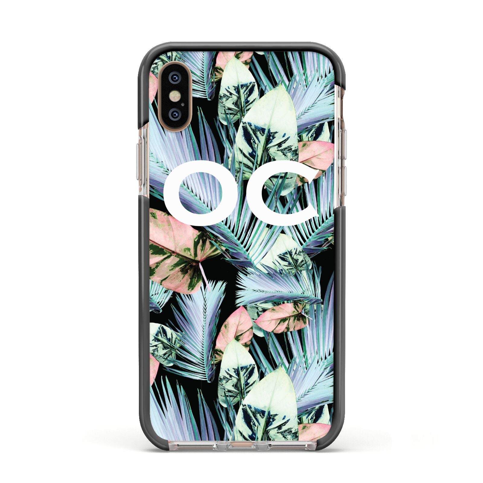 Personalised Abstract Tropical Leaves Apple iPhone Xs Impact Case Black Edge on Gold Phone