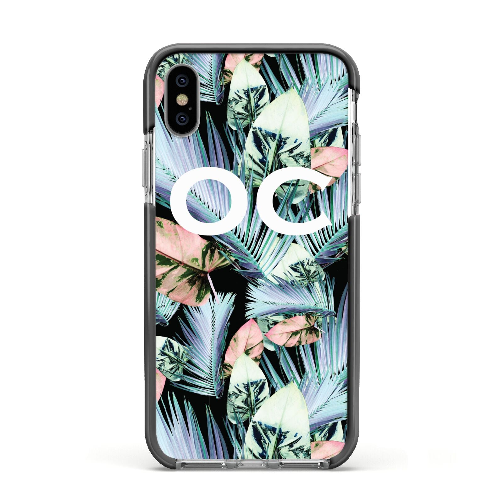 Personalised Abstract Tropical Leaves Apple iPhone Xs Impact Case Black Edge on Silver Phone