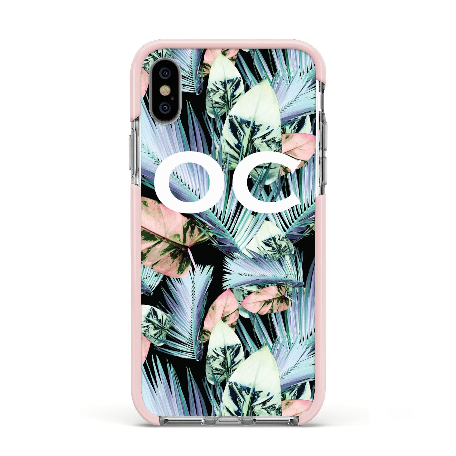 Personalised Abstract Tropical Leaves Apple iPhone Xs Impact Case Pink Edge on Silver Phone