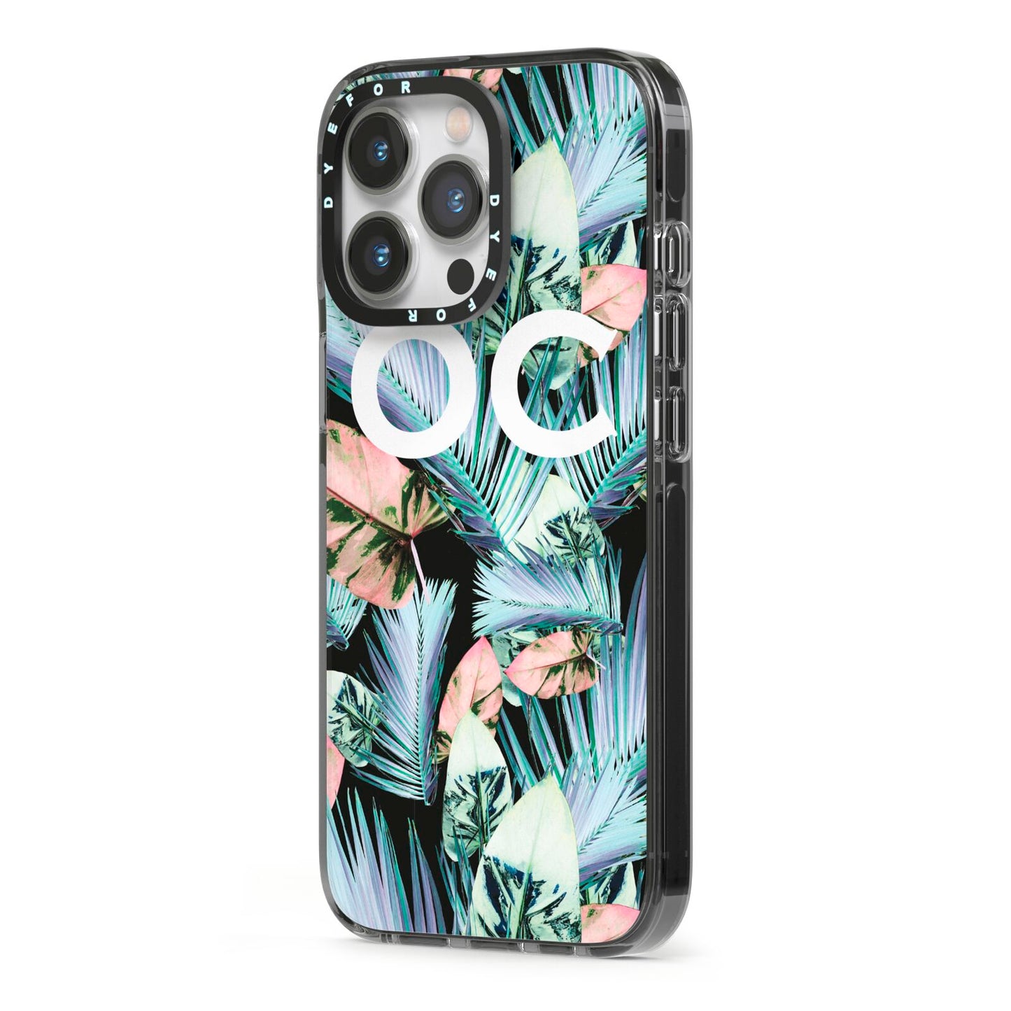 Personalised Abstract Tropical Leaves iPhone 13 Pro Black Impact Case Side Angle on Silver phone