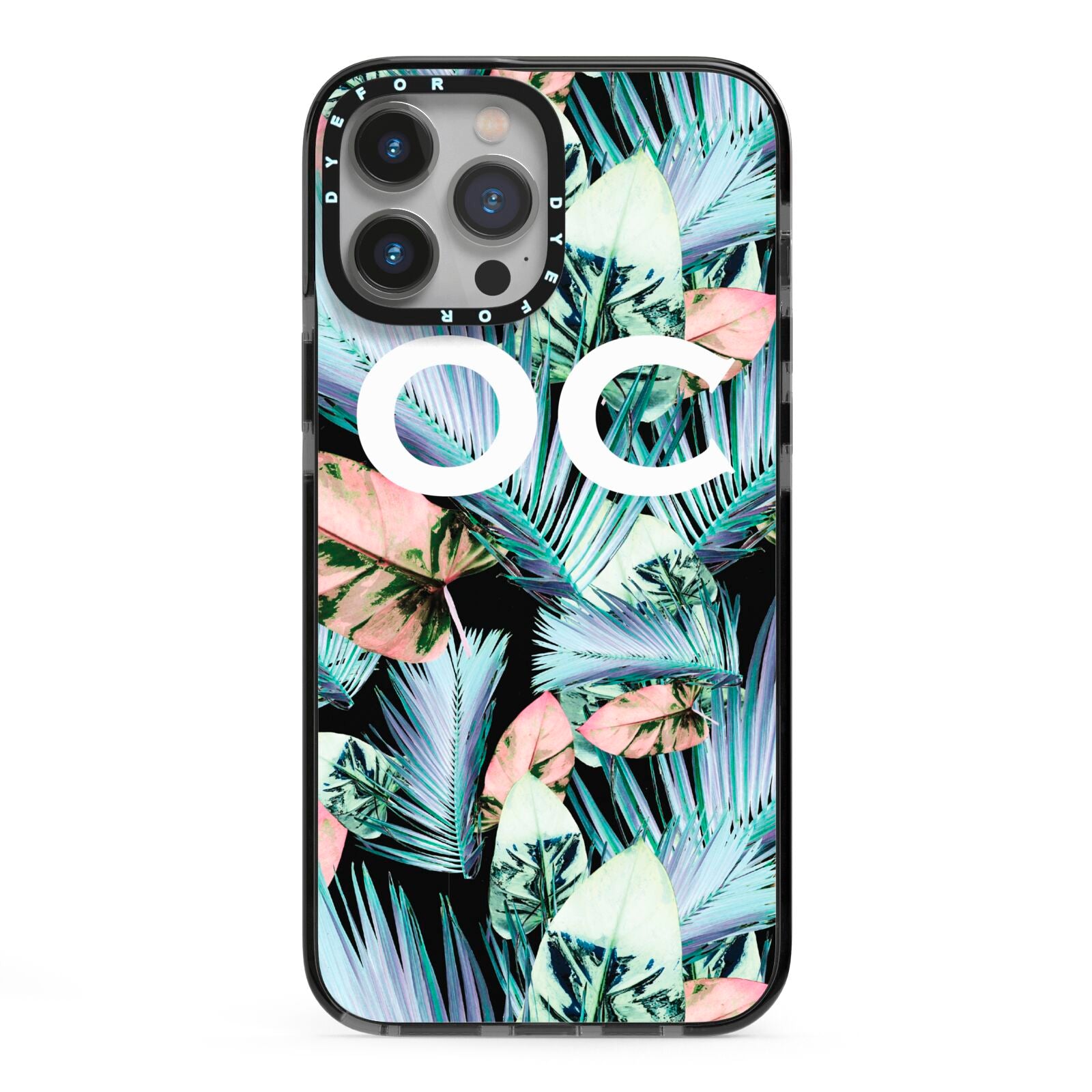 Personalised Abstract Tropical Leaves iPhone 13 Pro Max Black Impact Case on Silver phone