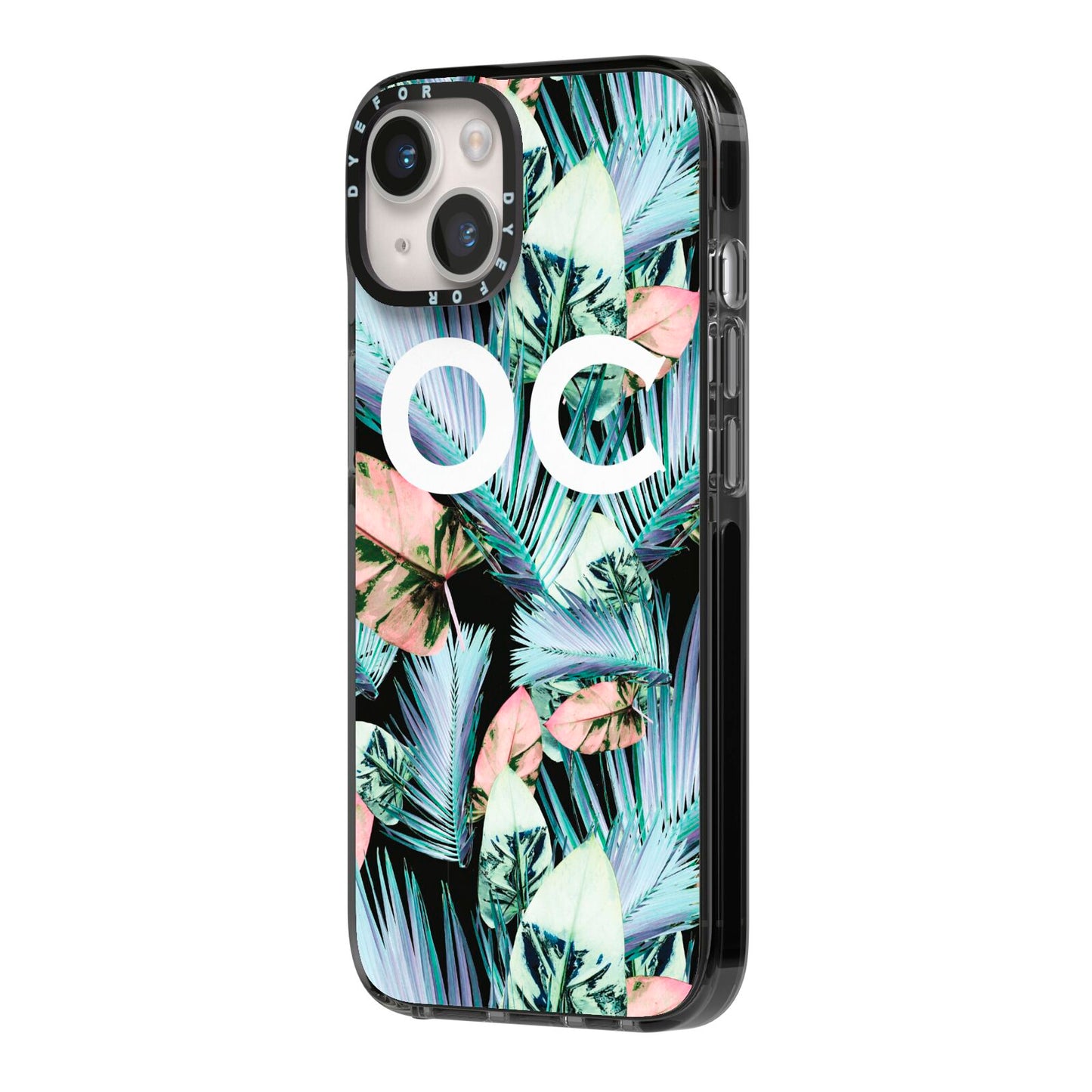 Personalised Abstract Tropical Leaves iPhone 14 Black Impact Case Side Angle on Silver phone