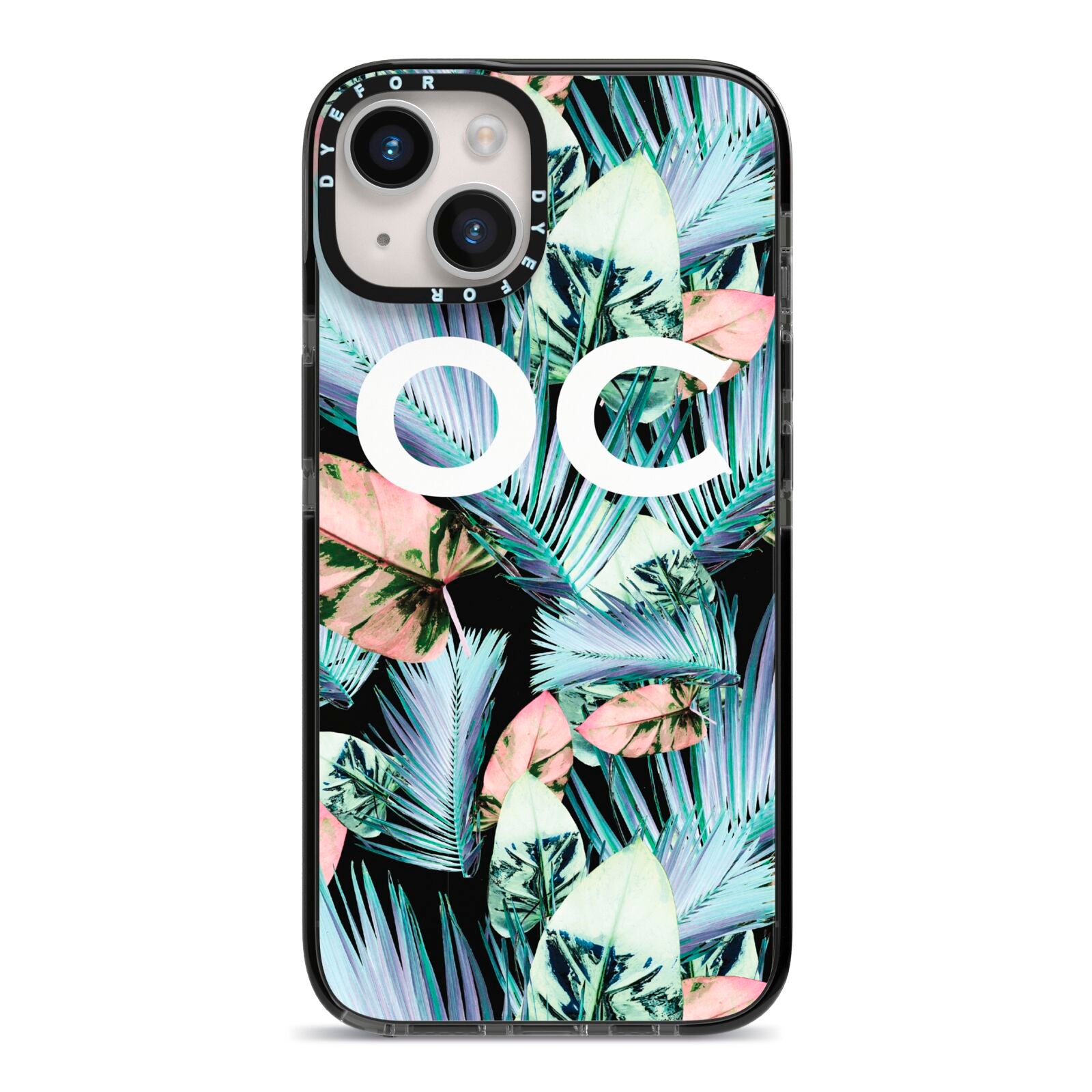 Personalised Abstract Tropical Leaves iPhone 14 Black Impact Case on Silver phone