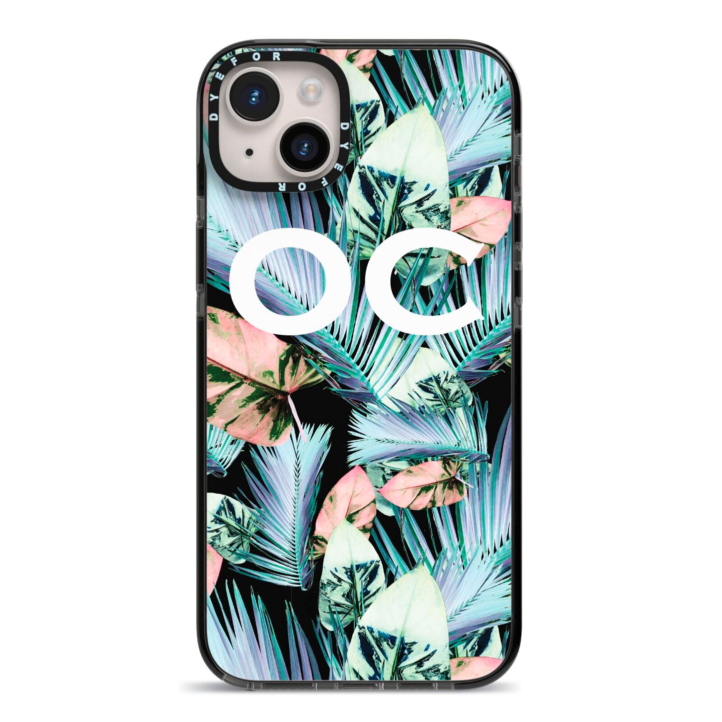 Personalised Abstract Tropical Leaves iPhone 14 Plus Black Impact Case on Silver phone