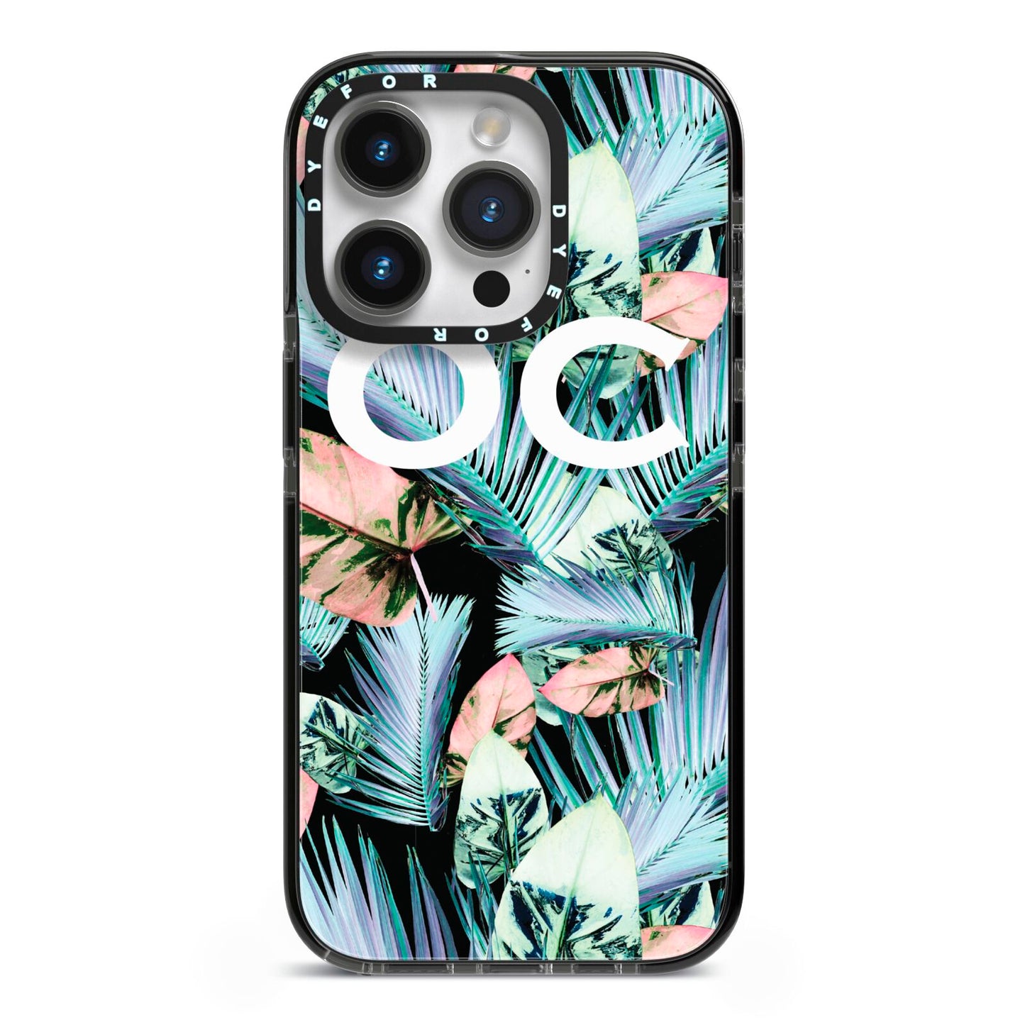 Personalised Abstract Tropical Leaves iPhone 14 Pro Black Impact Case on Silver phone