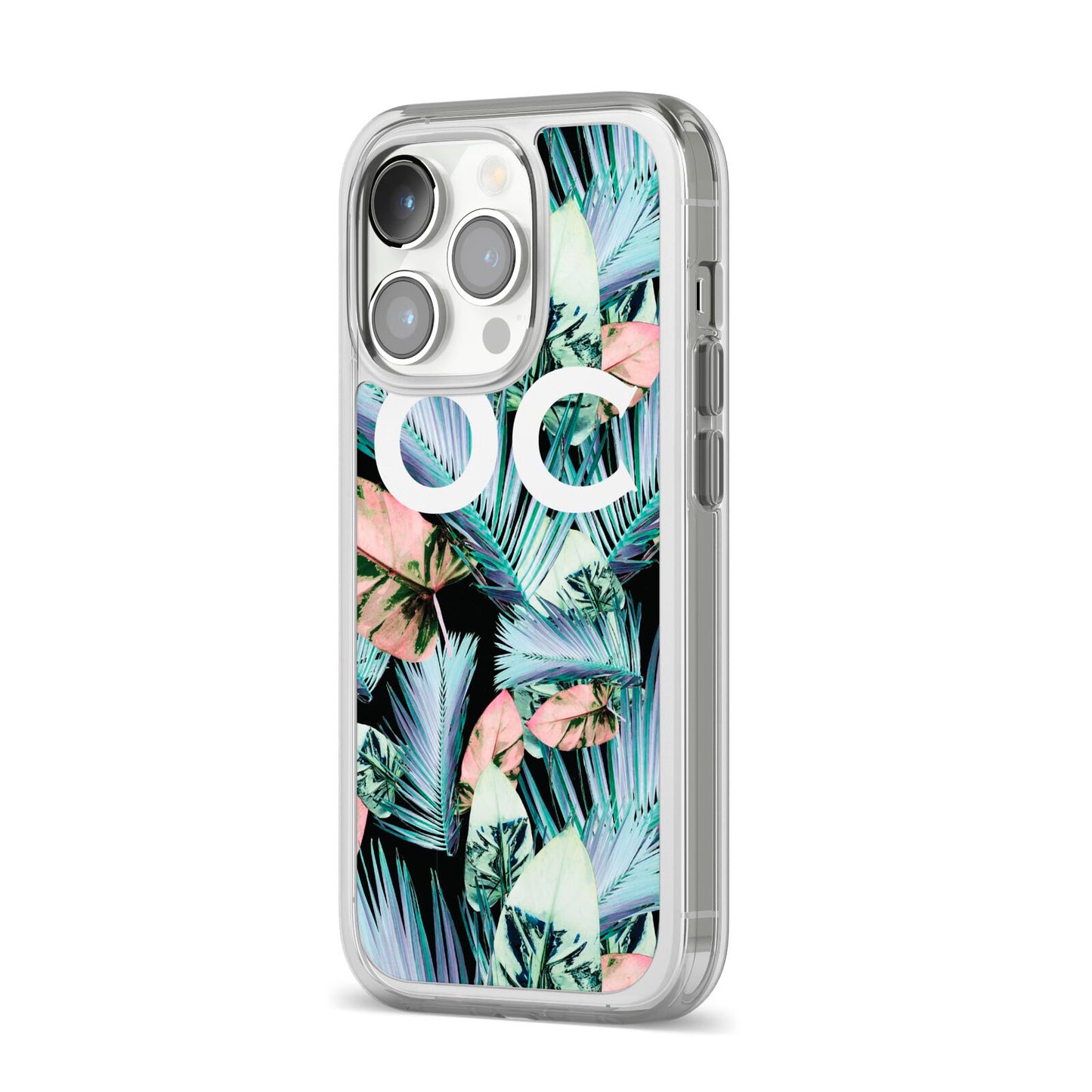 Personalised Abstract Tropical Leaves iPhone 14 Pro Clear Tough Case Silver Angled Image