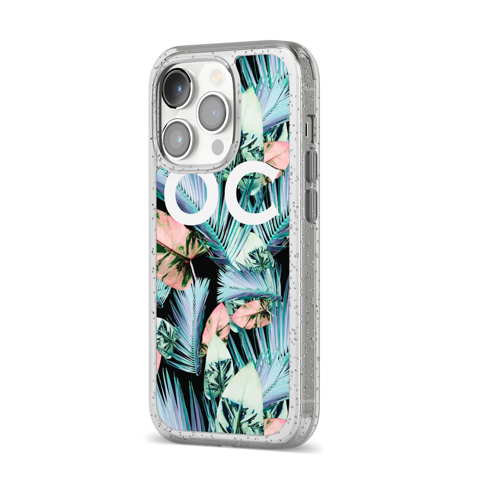 Personalised Abstract Tropical Leaves iPhone 14 Pro Glitter Tough Case Silver Angled Image